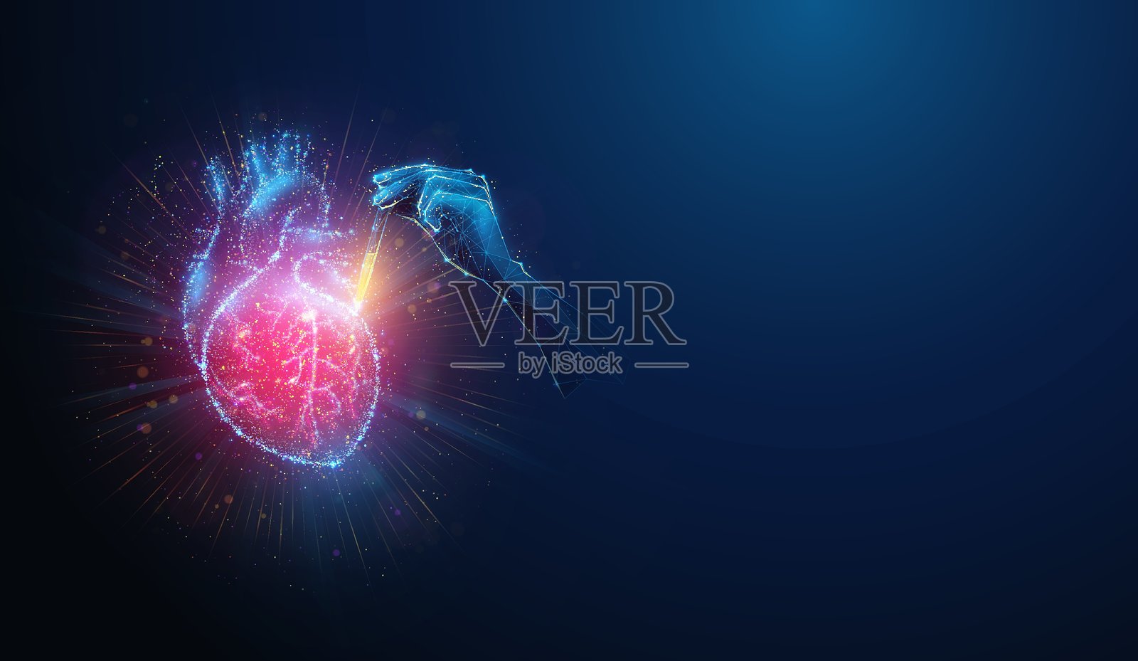 低多边形手部进行心脏健康诊断测试。抽象几何插图展示了循环系统疾病诊断的医疗概念,背景为蓝色霓虹粒子。插画图片素材