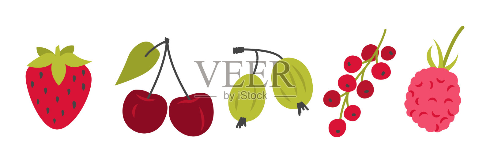 花园浆果组合。卡通樱桃、草莓、覆盆子、红醋栗和鹅莓插图。有机食品。新鲜果汁的原料。白色背景上的矢量图。插画图片素材