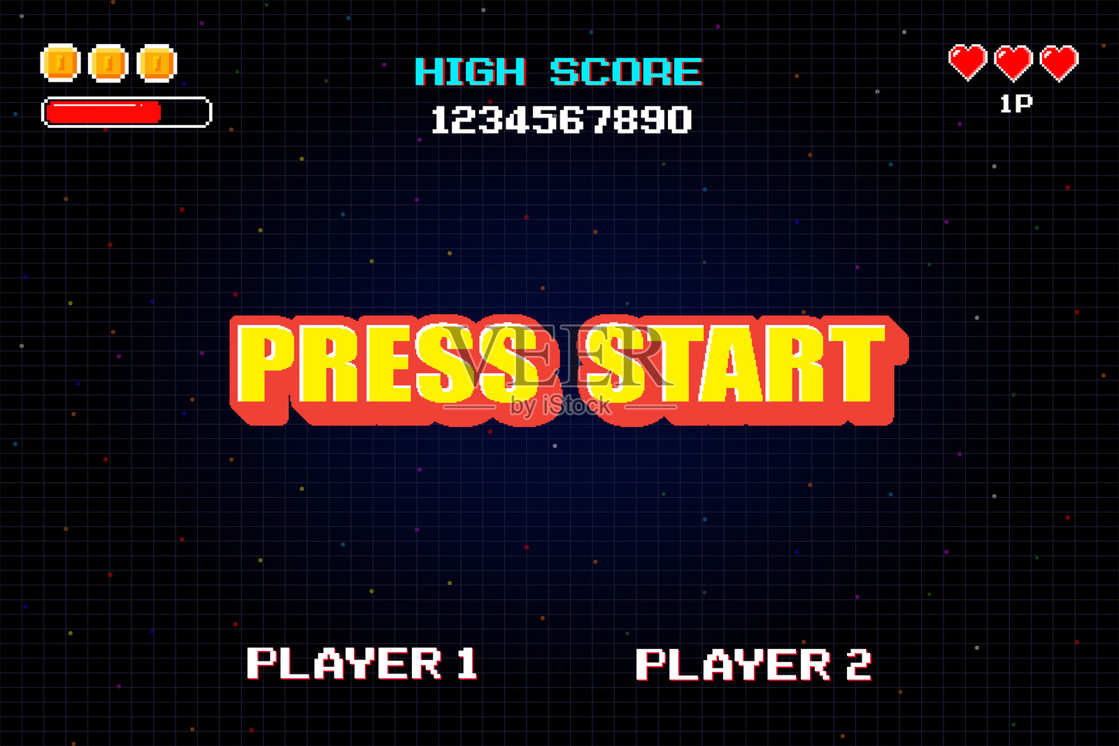 按下开始。像素艺术。8位游戏。复古游戏。用于游戏资产。复古未来主义科幻背景。发光的霓虹网格和来自复古街机电脑游戏的星星。插画图片素材