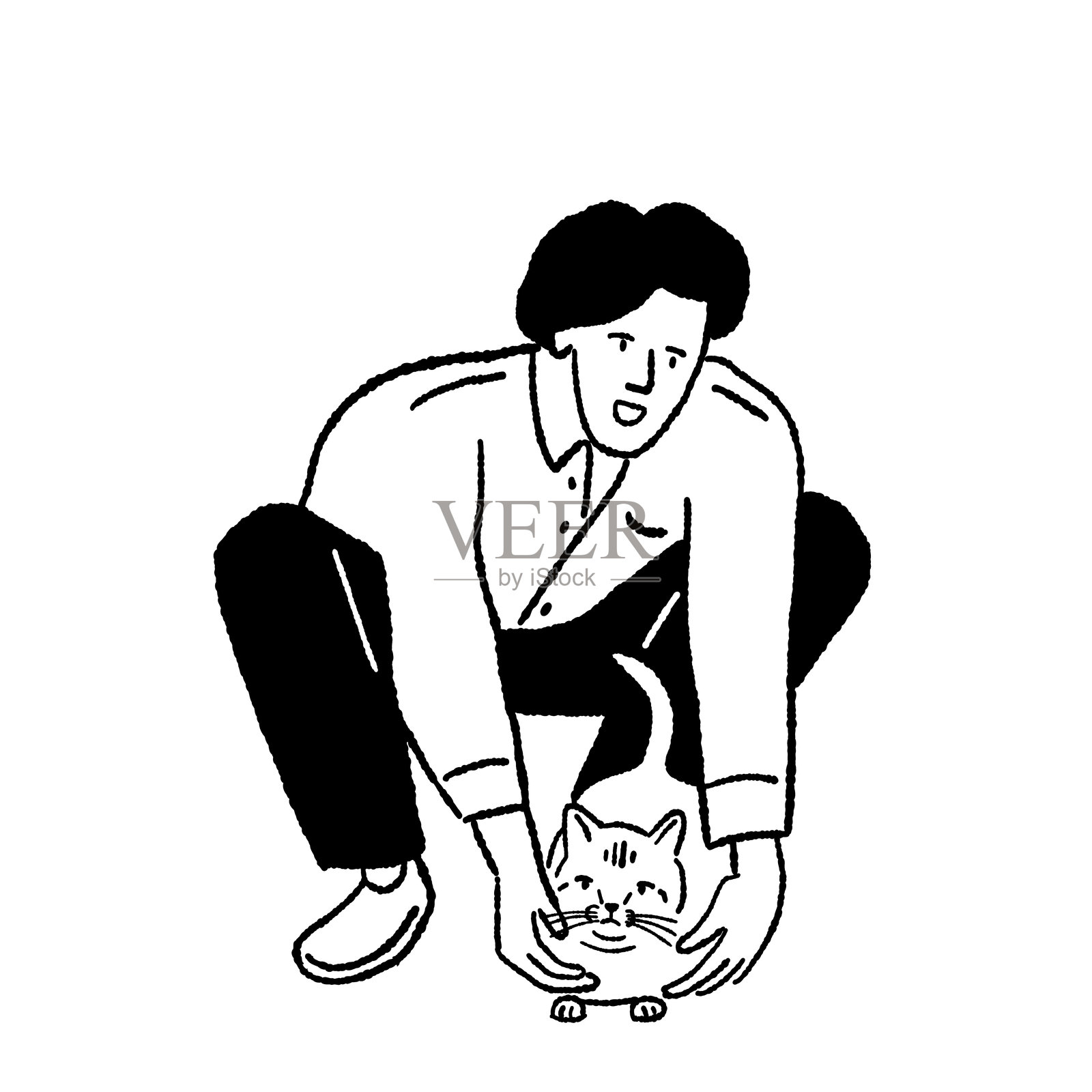 男人抱着猫咪,宠物友谊,休闲生活方式,卡通手绘线条插图插画图片素材