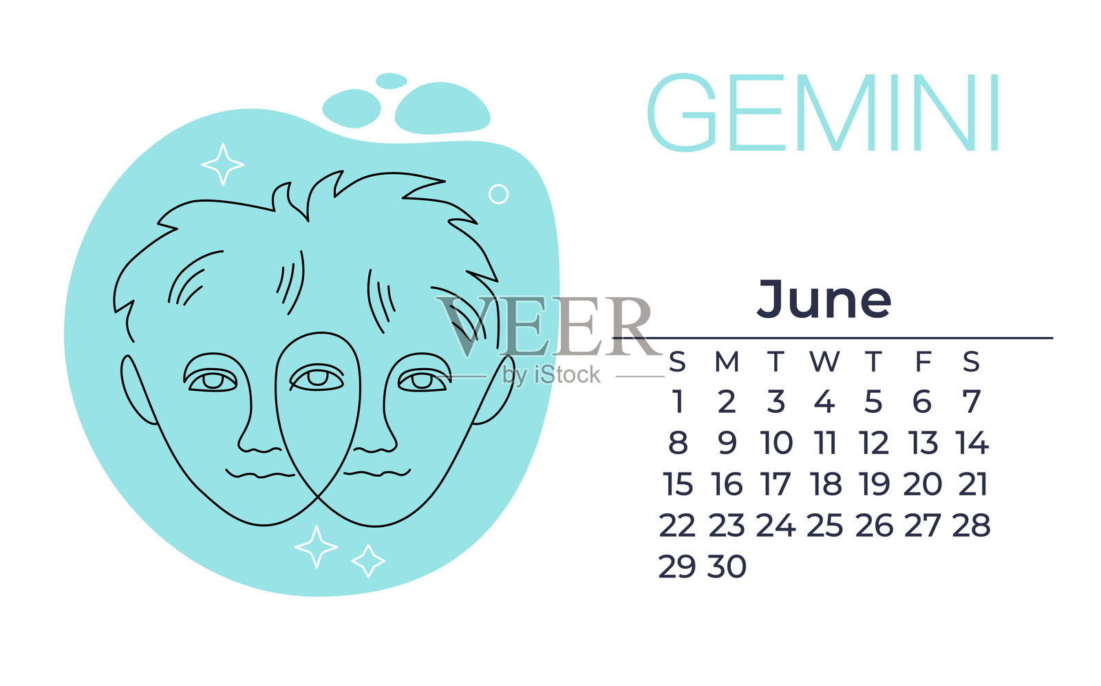 双子座的线性插图,双胞胎。用于占星术、星座、创意叙事的极简概念。优雅的线性占星符号logo模板,带有六月日历。插画图片素材