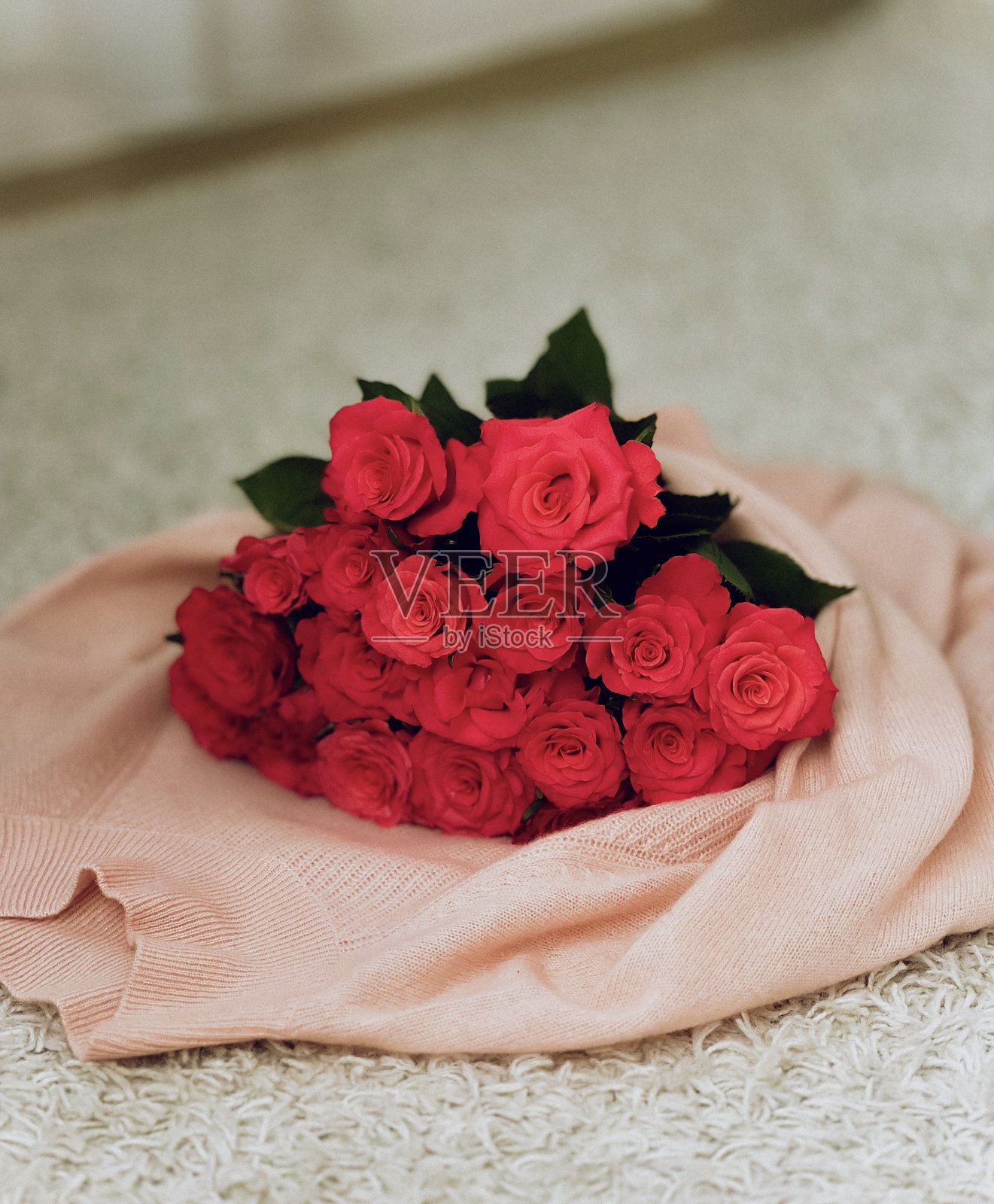 一束红玫瑰放在毯子上照片摄影图片