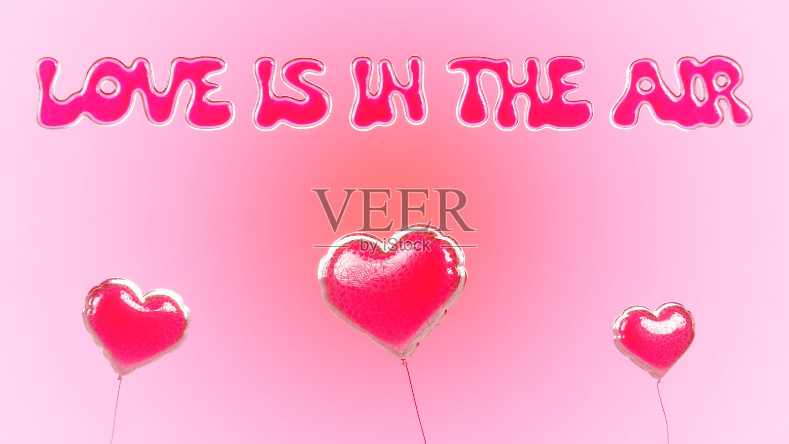 抽象的3D横向背景情人节心形气球信息图文本“爱在空气中”,粉色彩虹色女孩风格渐变光环复古时尚节日浪漫明信片社交媒体内容壁纸照片摄影图片