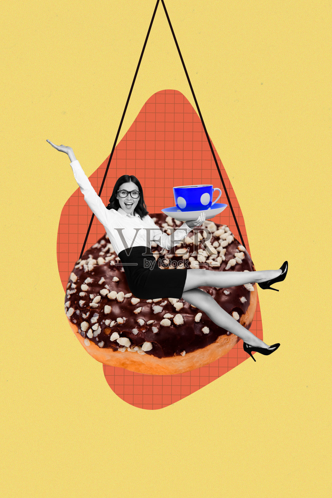 创意拼贴设计艺术作品,展示一位年轻女性厨师快乐地坐着,享用甜甜圈和茶杯饮品。照片摄影图片