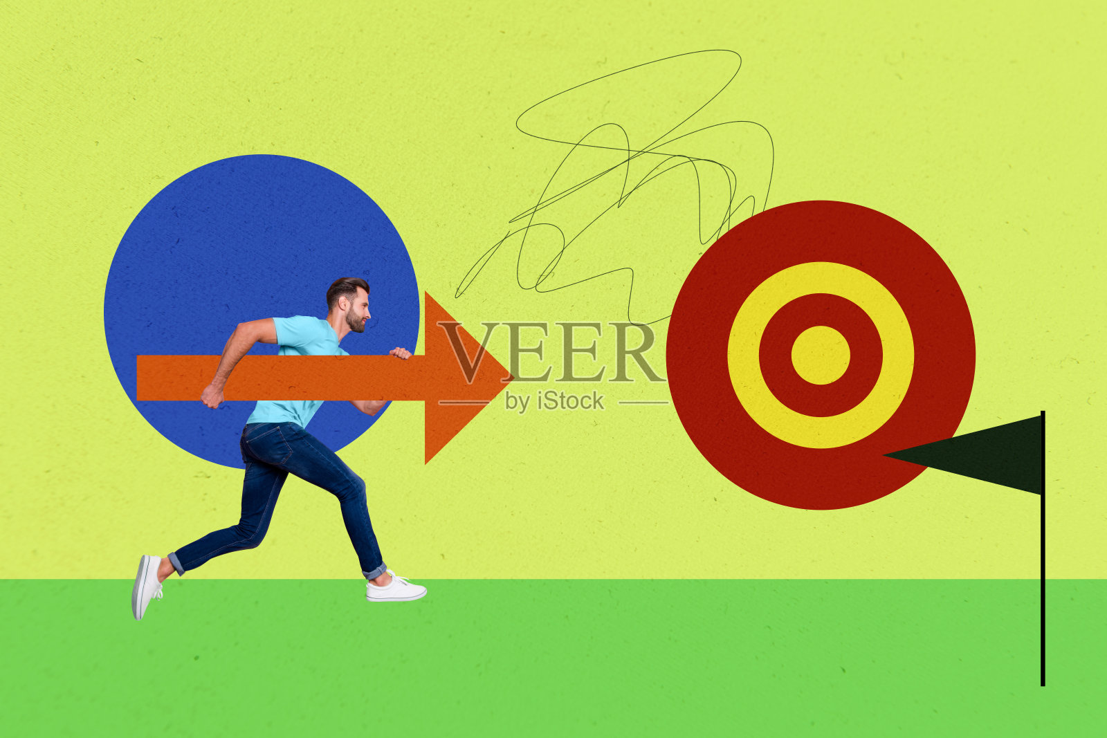 综合趋势艺术作品草图图像照片拼贴,展示年轻男性奔跑挑战目标,箭头指向空缺候选人。照片摄影图片