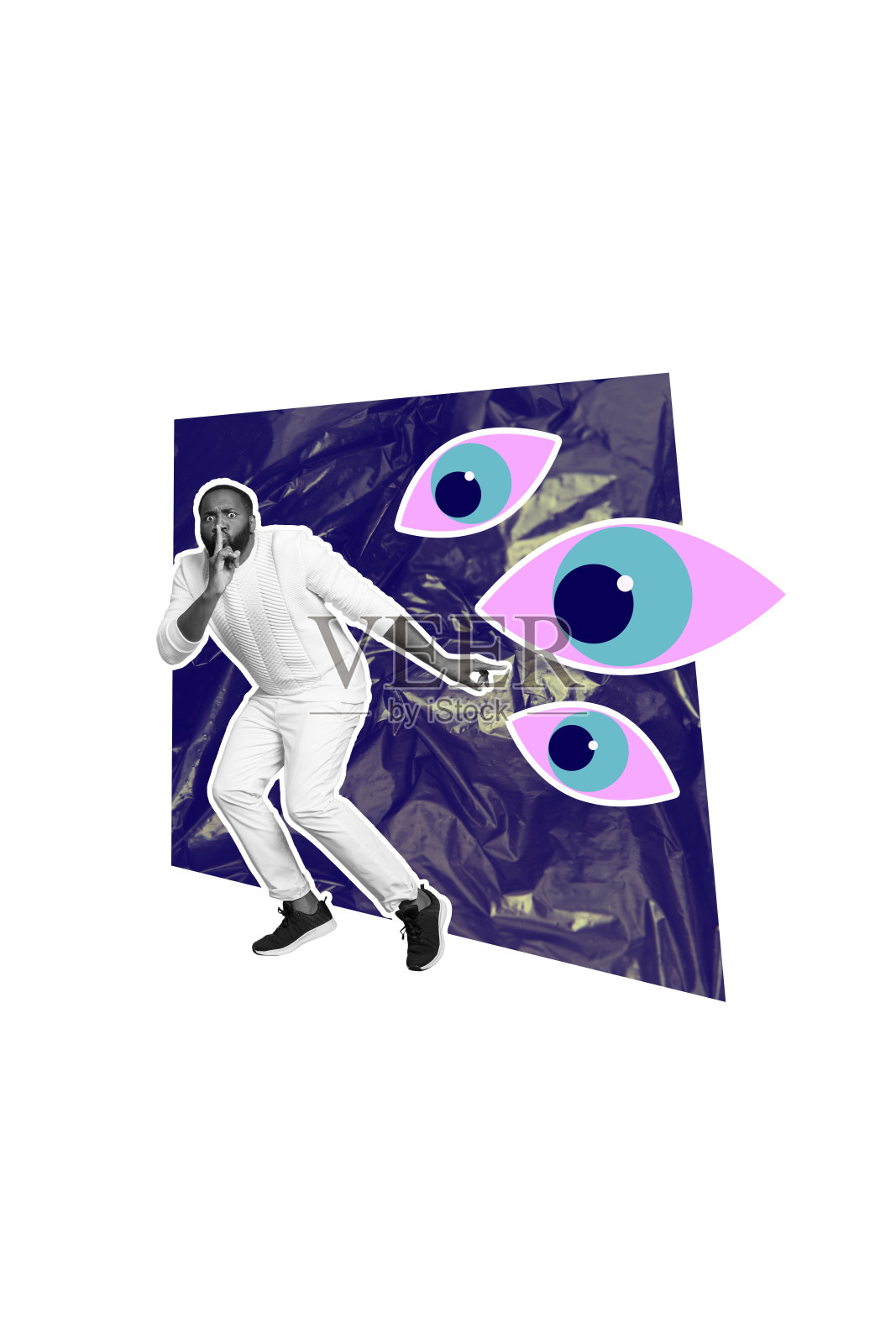 合成素描设计艺术照片拼贴,展示年轻男子的审视、逃避、专注、观察和监视,手势为“嘘”,保持安静。照片摄影图片