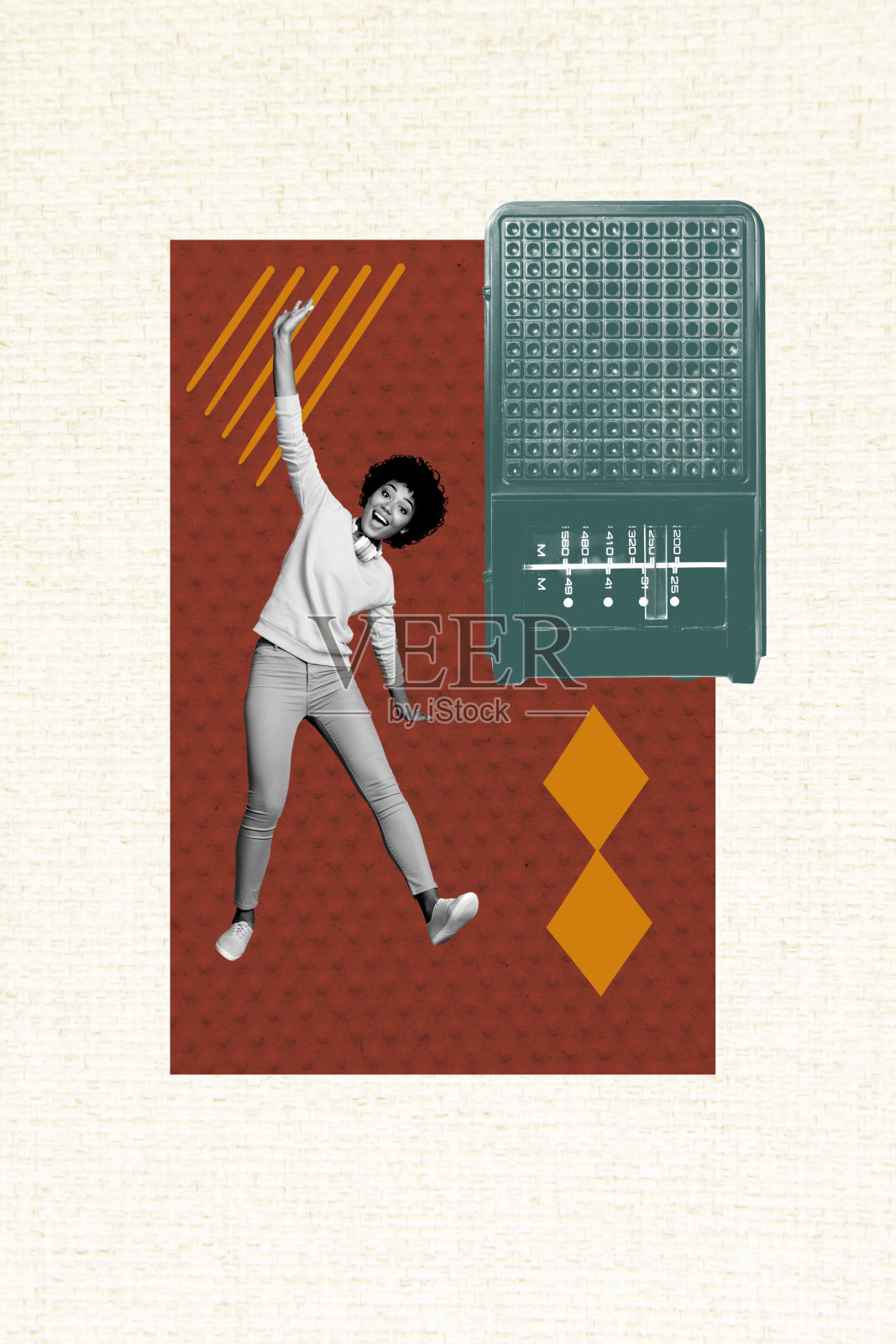 过时的收音机录音机的模板草图图像合成艺术拼贴,适合娱乐俱乐部的年轻女舞者在夜晚休息的场合。照片摄影图片