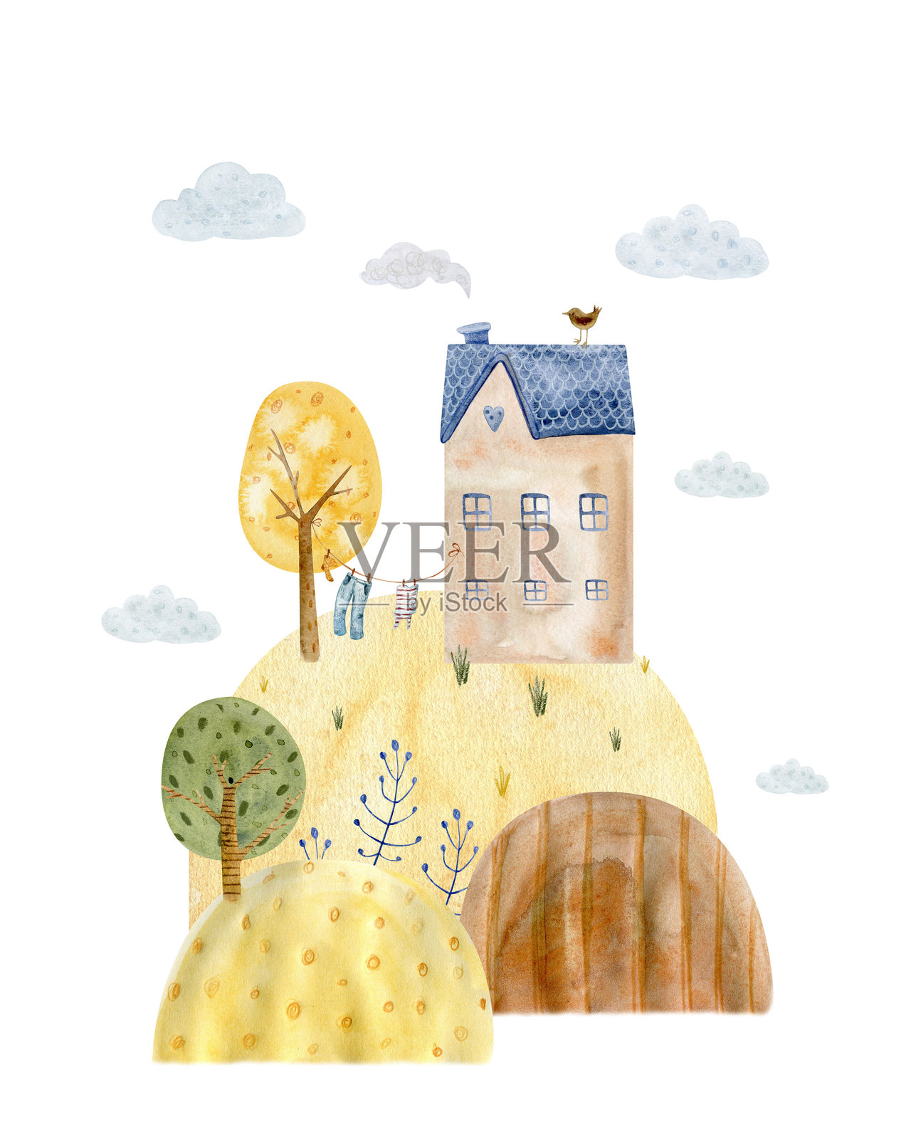 水彩插图描绘了一座高高的米色房子,蓝色屋顶坐落在金色的山丘上,周围有树木、云朵和晾在绳子上的衣物。温馨、古雅且乡村风格,适合用于贺卡和家居装饰。插画图片素材