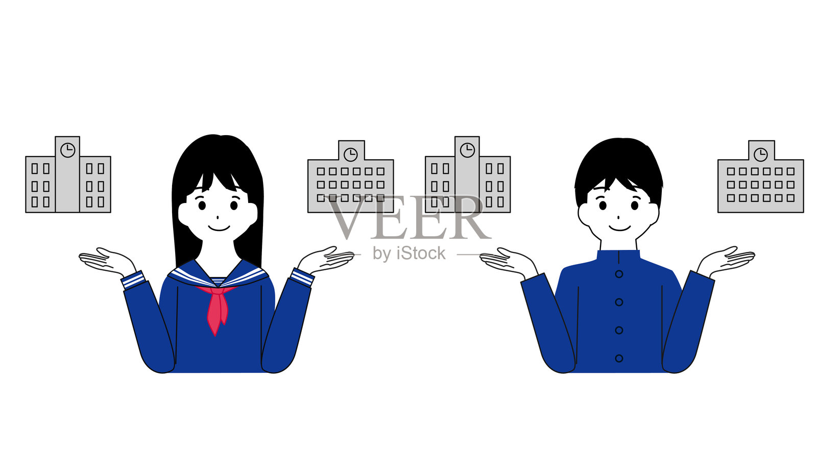男性和女性学生的上半身插图,正在权衡选择学校。插画图片素材