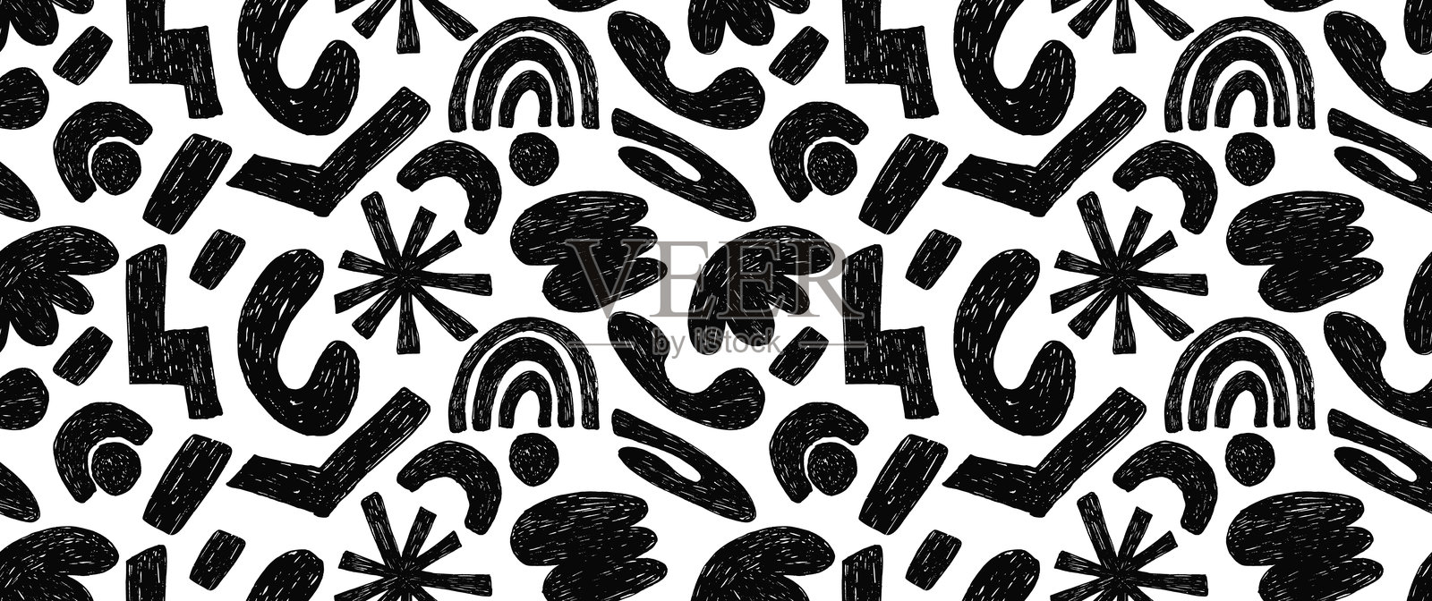 时尚的蜡笔画风格,带有大胆几何奇异形状的流畅无缝图案。大胆的铅笔抽象形状形成的图案。时尚的黑白设计。插画图片素材