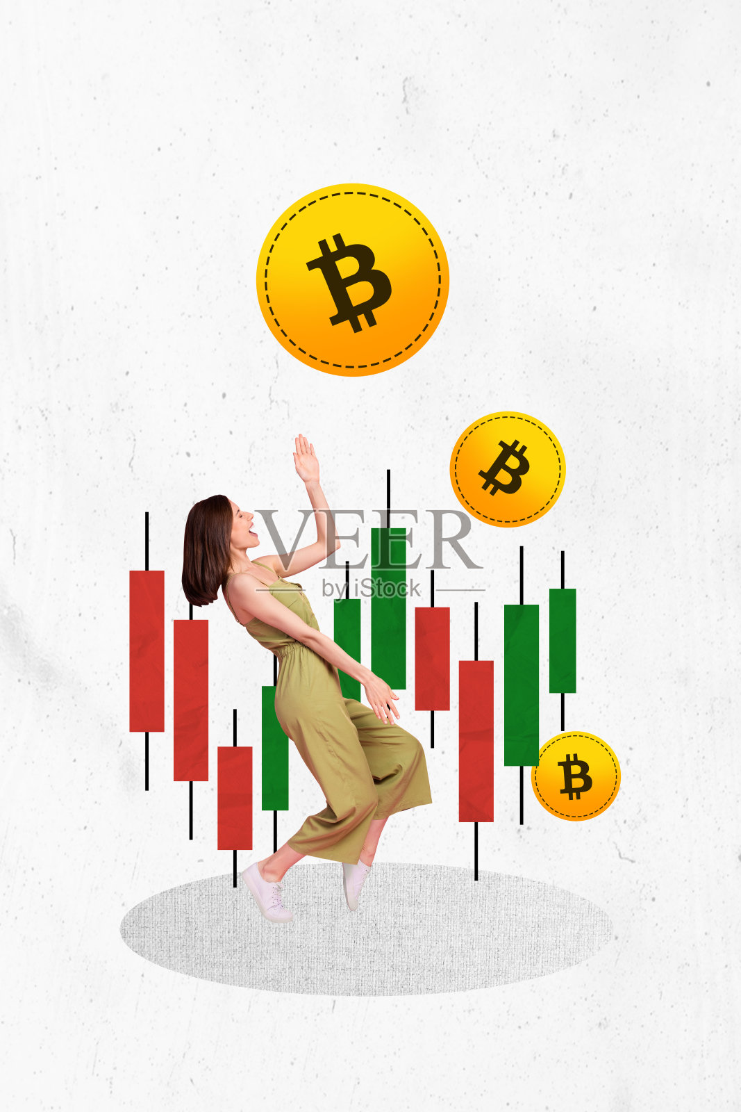 快乐成功女孩的垂直照片拼贴,舞动着比特币、黄金和加密货币交易的动态图表,背景为涂鸦风格。照片摄影图片