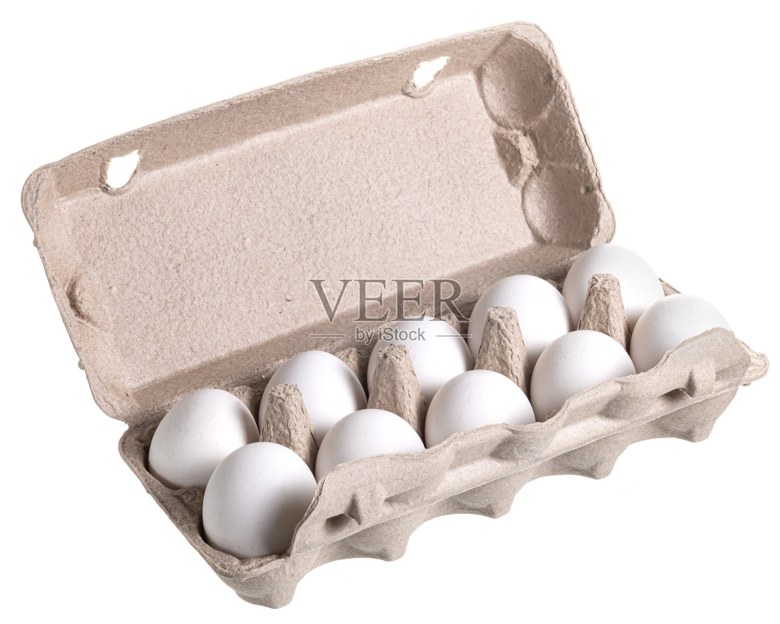 十个白色鸡蛋放在打开的纸 carton 中。新鲜、天然,随时可以烹饪或烘焙!简单的食品摄影照片摄影图片