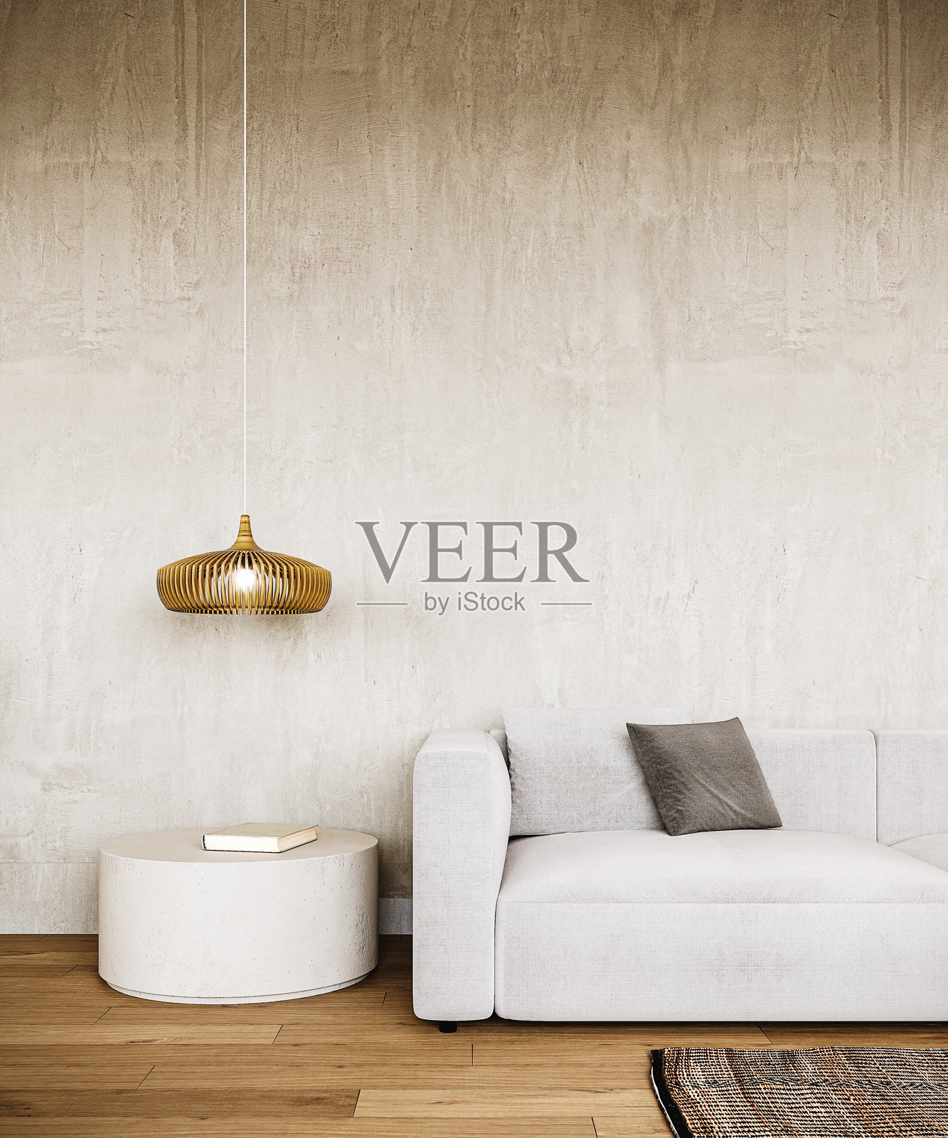 美丽的客厅室内设计,配有灰色沙发和空旷的混凝土墙背景。照片摄影图片