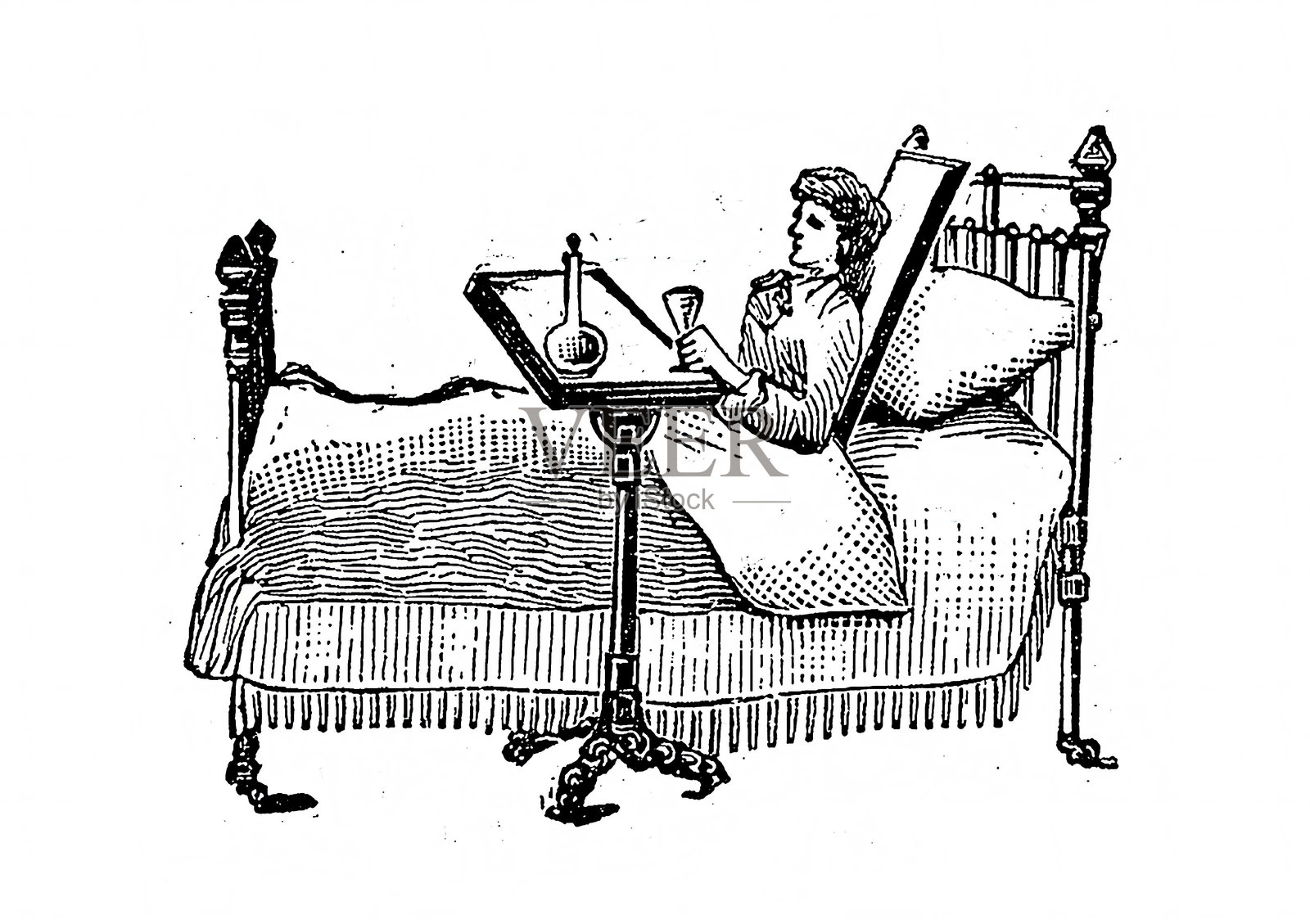 病人在床上使用可调节的桌子和背板,历史医疗,维多利亚时代,复古插图,19世纪1890年代插画图片素材