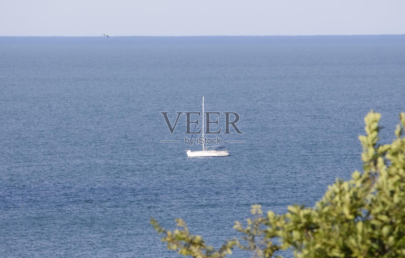 一艘白色游艇静静停靠在蓝色海水中照片摄影图片