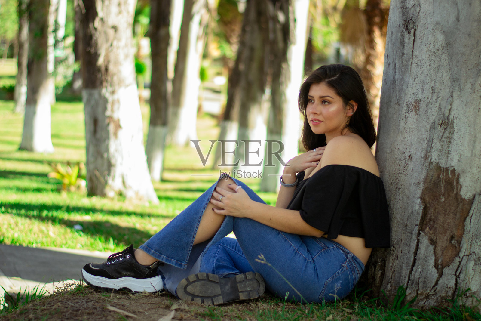 年轻的西班牙裔女性坐在树下照片摄影图片