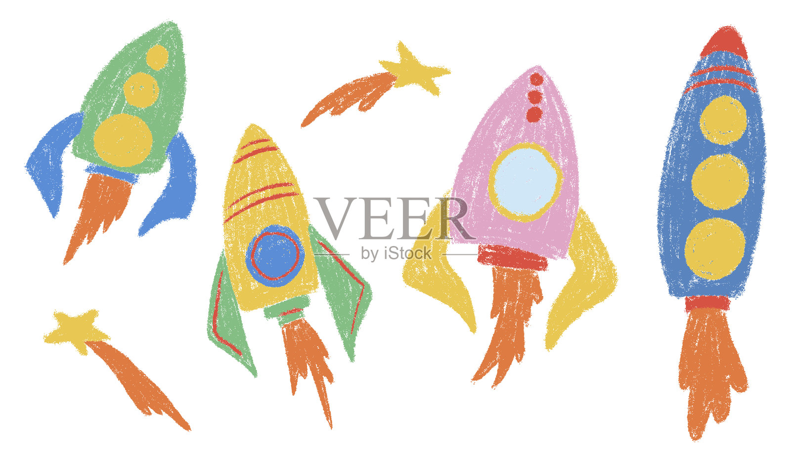 儿童粉笔画的太空火箭大集合。包含自由手绘的儿童涂鸦元素。不同颜色和纹理的宇宙飞船、星际飞船和彗星。矢量插图,独立展示。插画图片素材