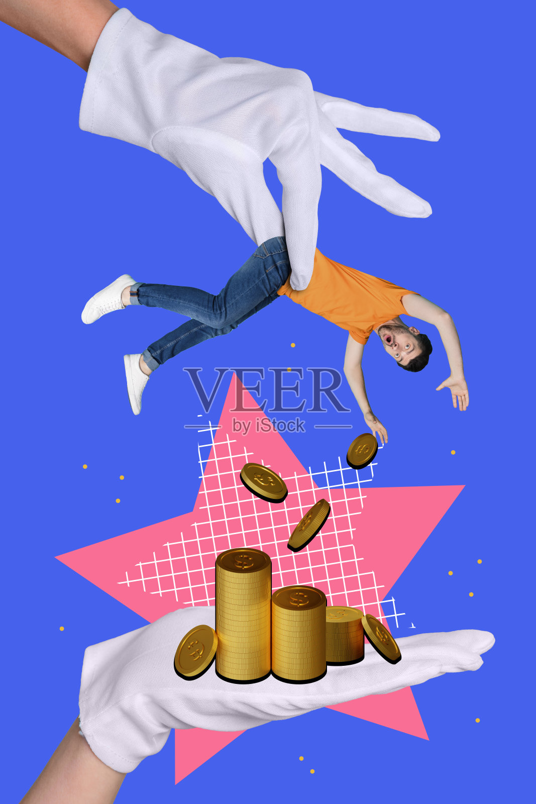 紧张的企业家手拉着交易投资赚钱的广告牌,拼贴画风格的漫画杂志,极简主义设计照片摄影图片