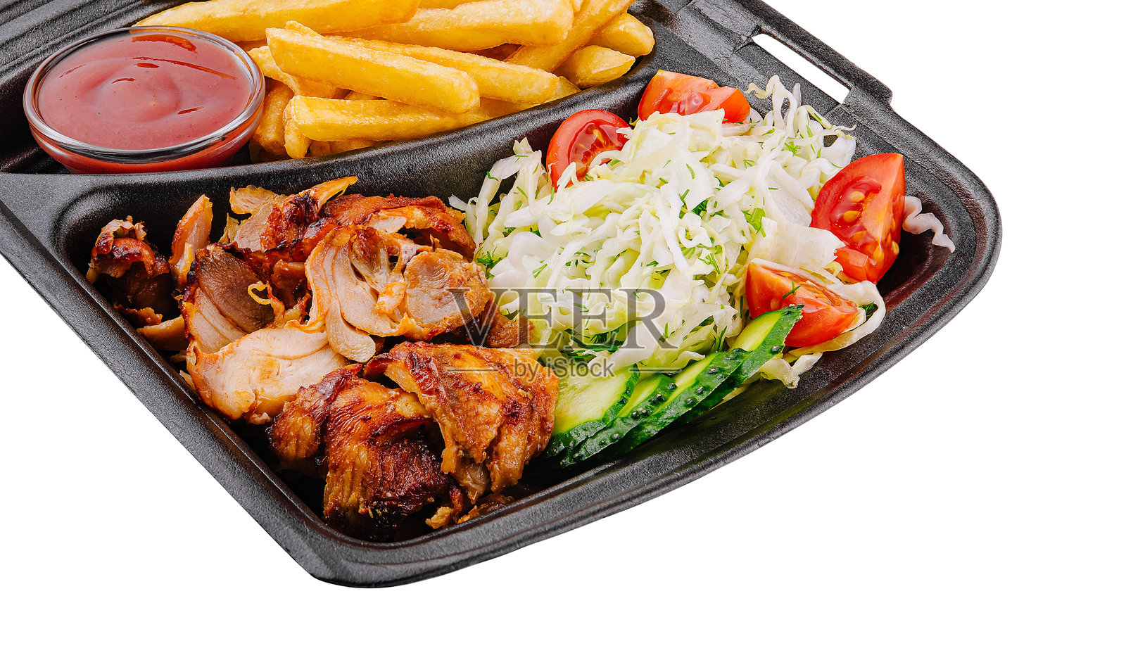 外卖的烤鸡和沙拉餐照片摄影图片