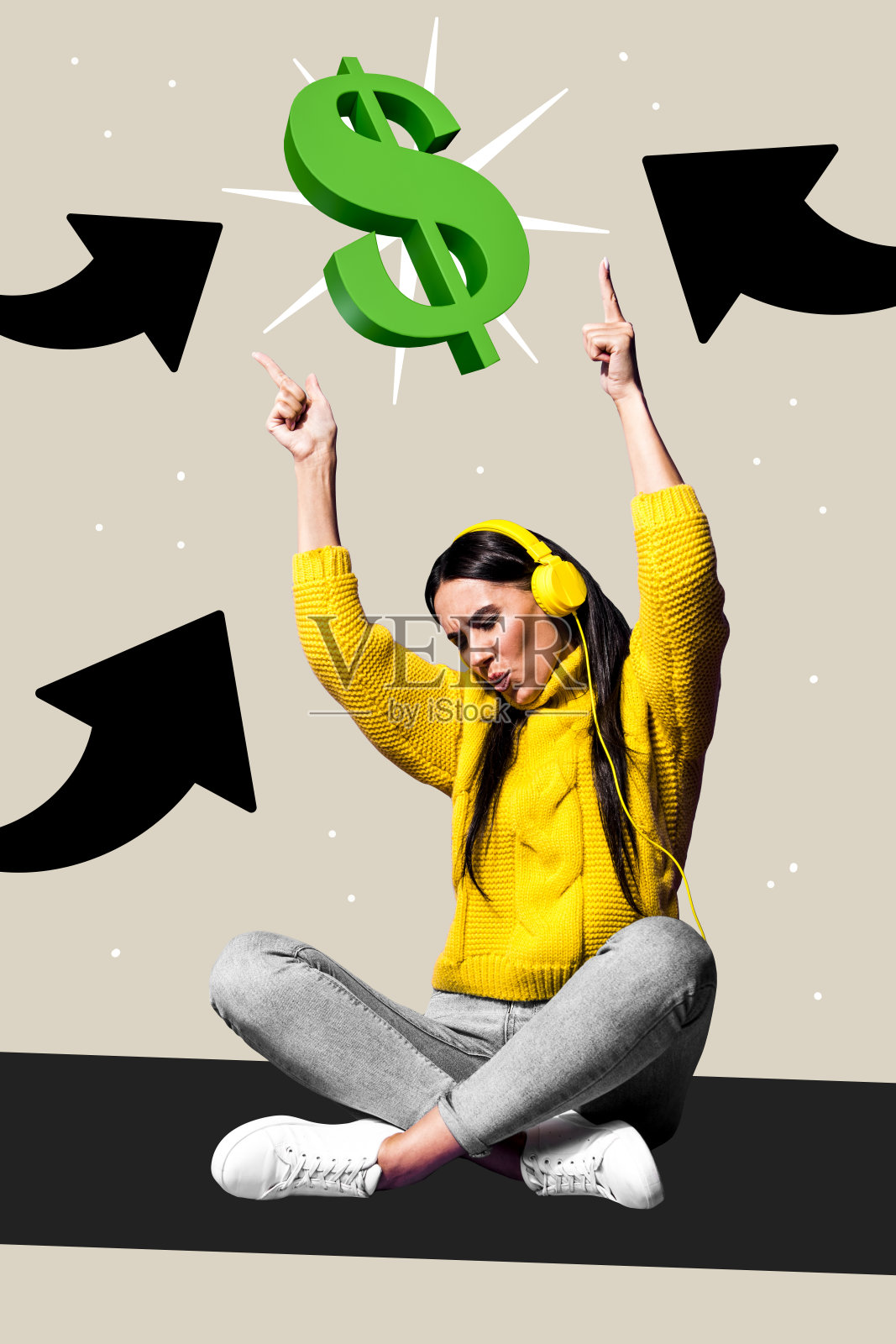 酷女孩戴着耳机听音乐的垂直拼贴画,背景创意,箭头向上,美元符号。照片摄影图片