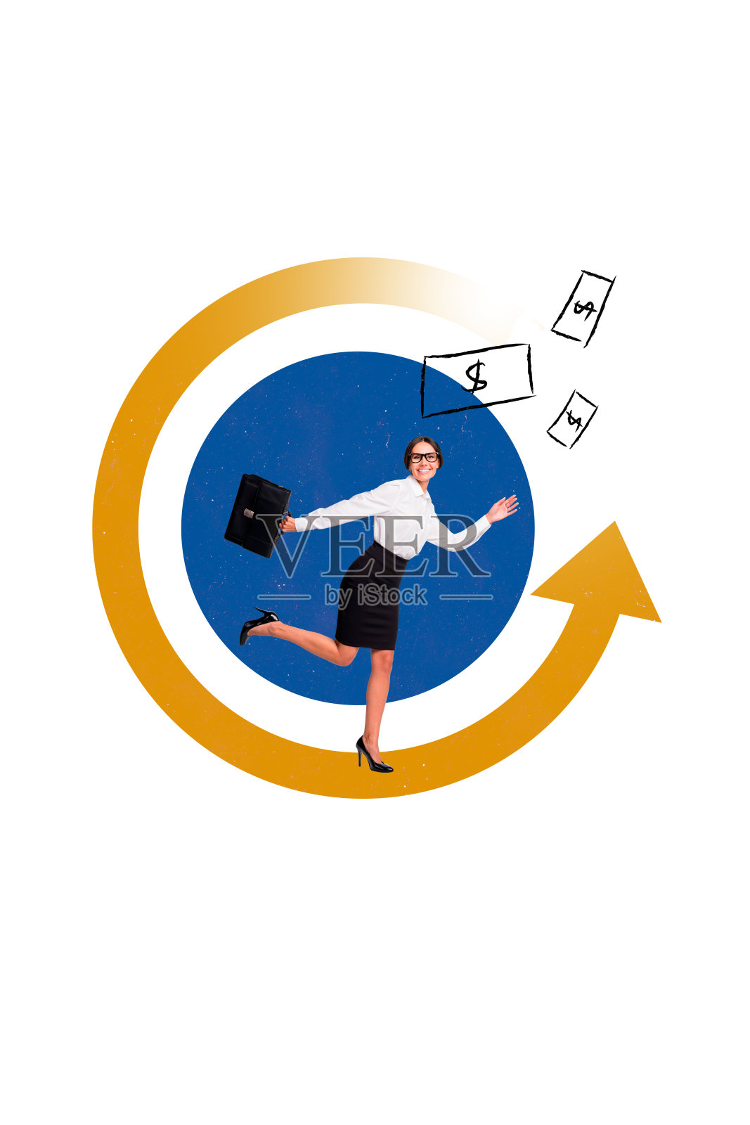 创意竖向拼贴画,年轻的女商人、秘书、经理、投资者、成功的交易员,金钱、收益、现金、美元。照片摄影图片