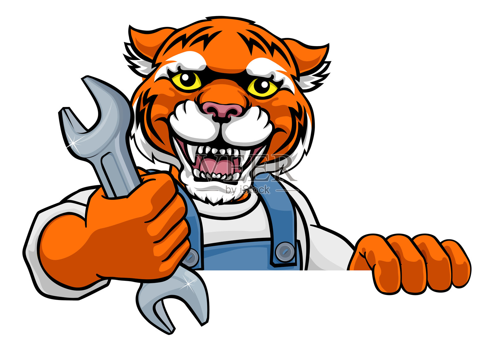 老虎水管工或机械师手持扳手插画图片素材