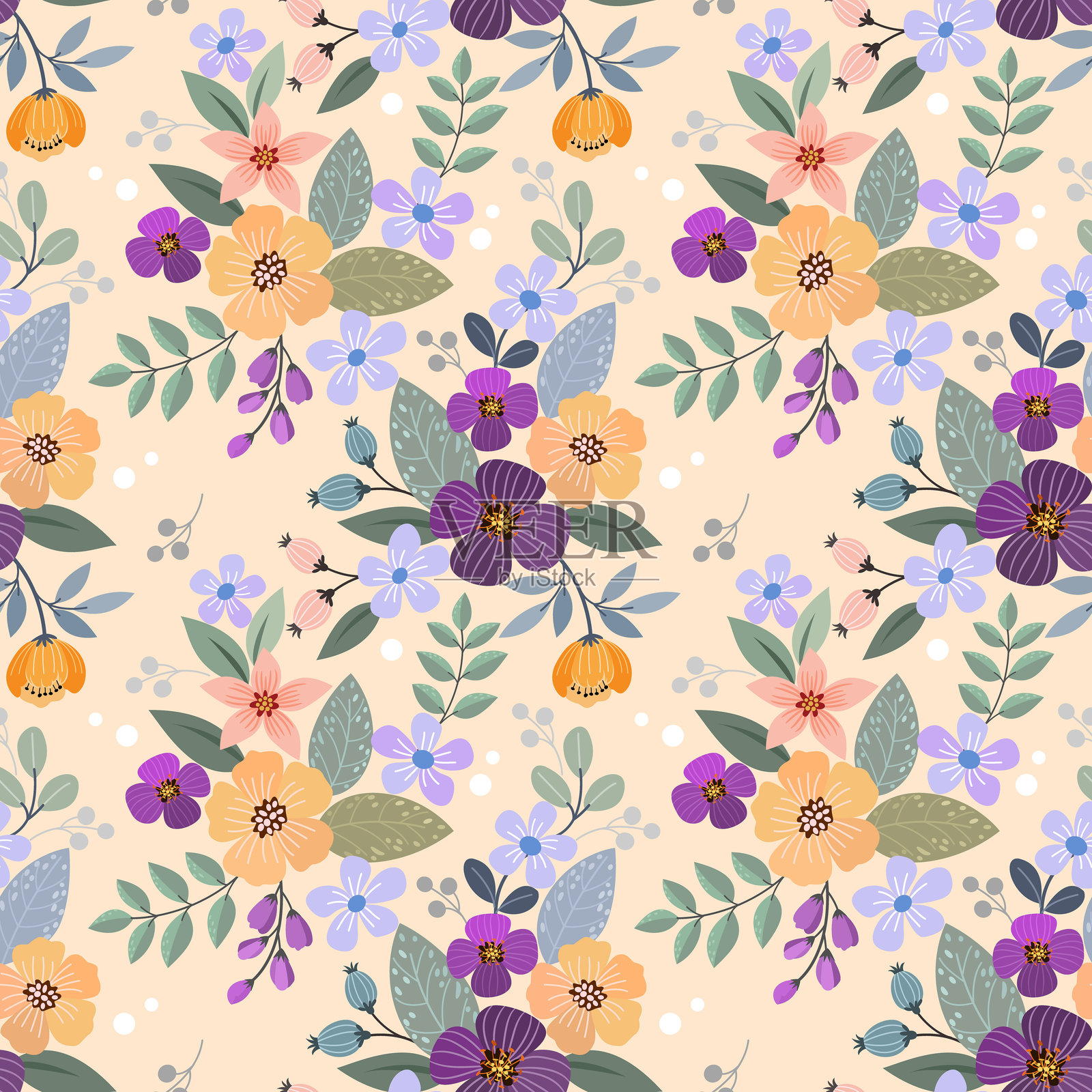 色彩斑斓的手绘花卉无缝图案。插画图片素材