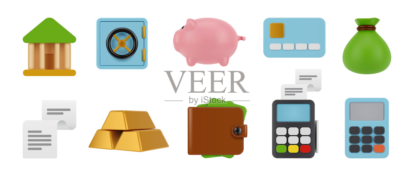 金融或投资。3D风格的矢量图,银行图标集合。银行和装满硬币的小猪,信用卡和装钱袋。装有钞票的钱包和计算器,自动取款机和金条,保险箱。插画图片素材