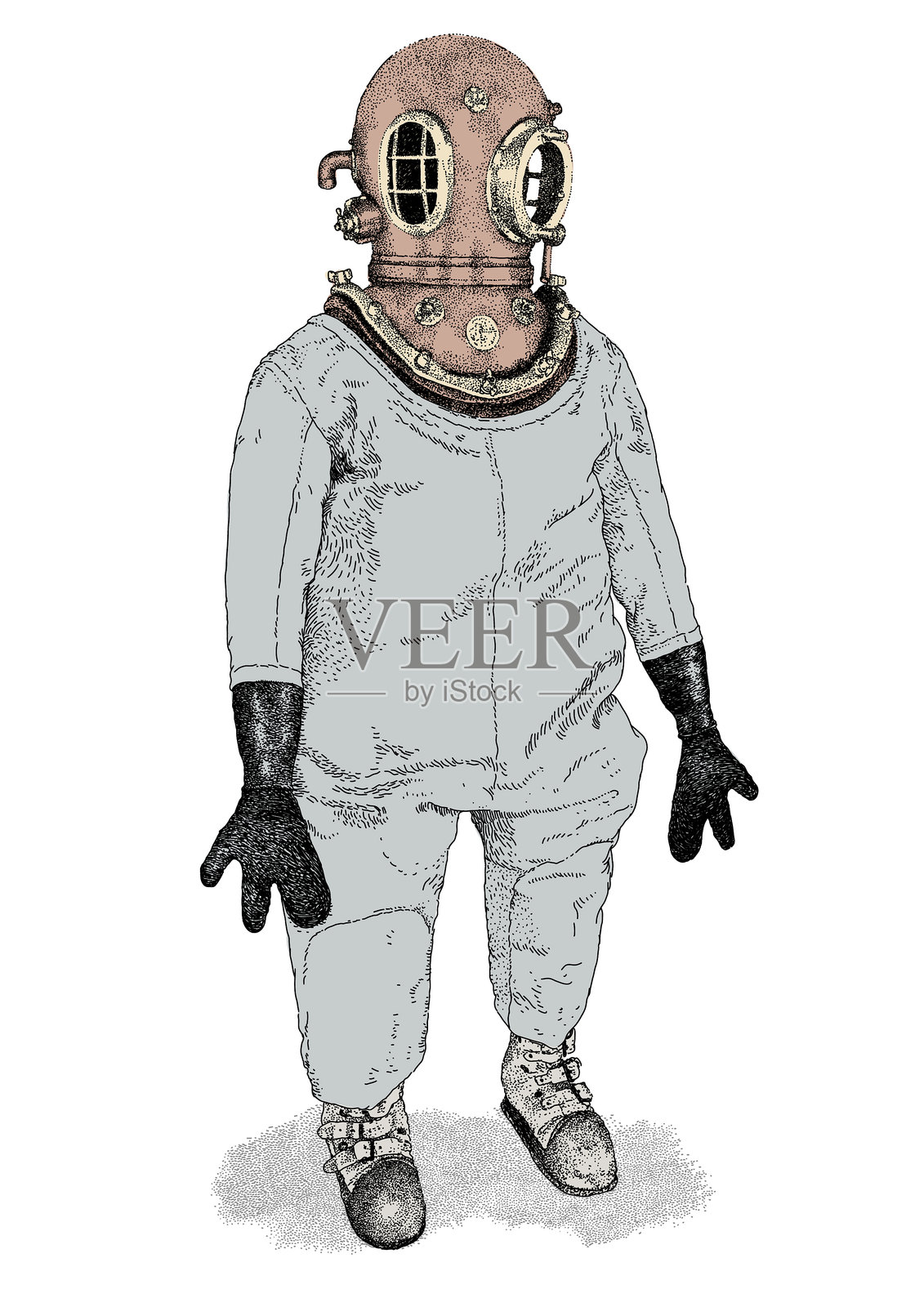 复古深海潜水员铜头盔插画图片素材