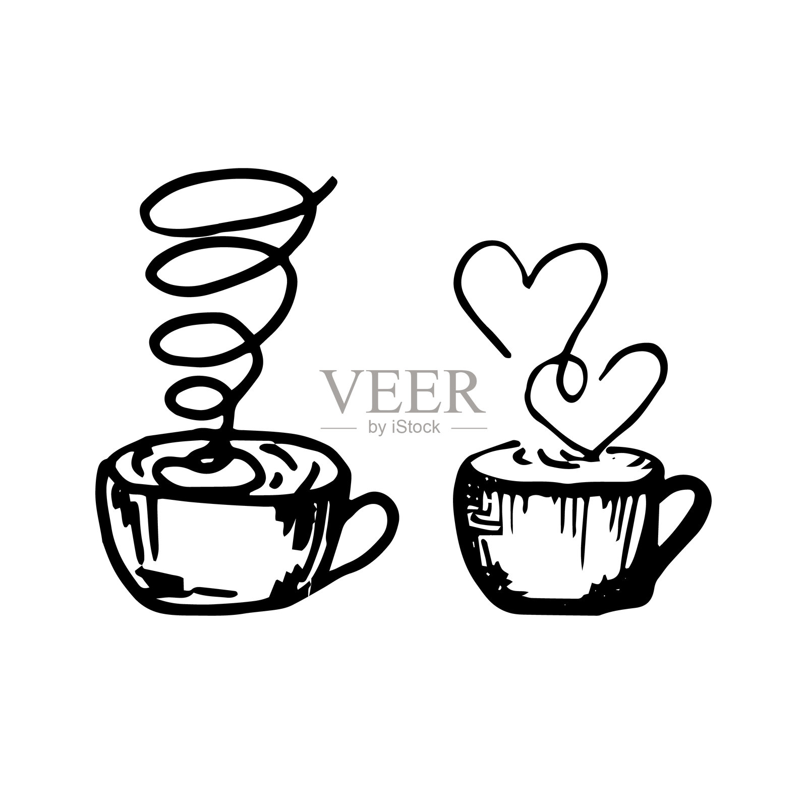 黑白咖啡杯与热饮的图形,置于白色背景上。可作为明信片、贴纸、面料和餐具设计的基础。矢量构图。插画图片素材