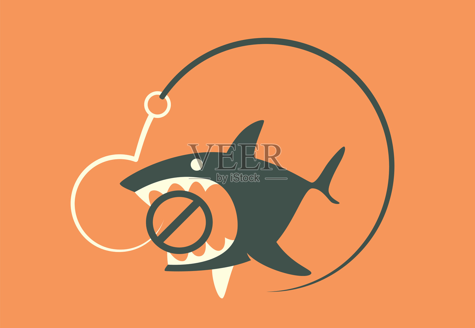愤怒的鲨鱼咬住钓钩的警告图标插画图片素材