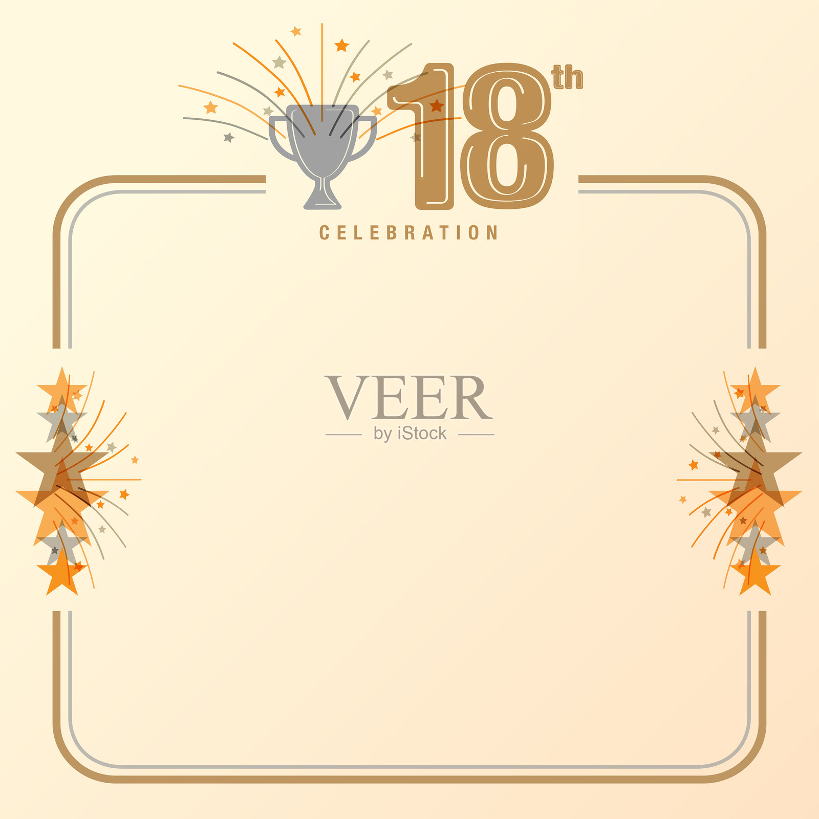 金色18周年标志,配有奖杯和烟花模板,留有文本空间插画图片素材