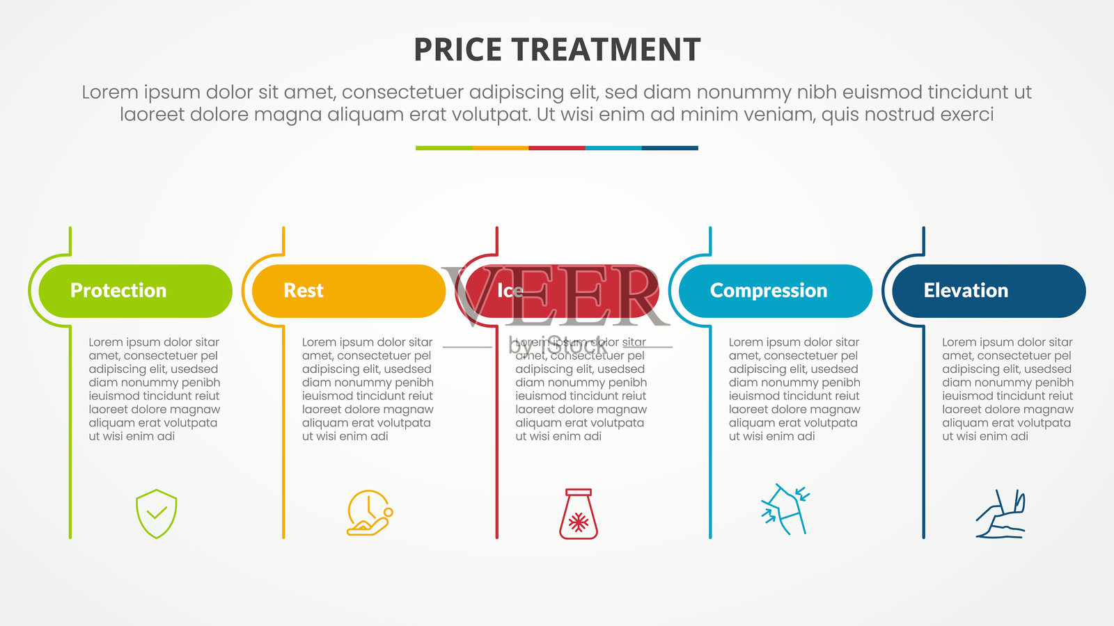 价格治疗疗法信息图概念,用于幻灯片演示,带有圆形标题和线条分隔符,包含五点列表,采用扁平化风格。插画图片素材