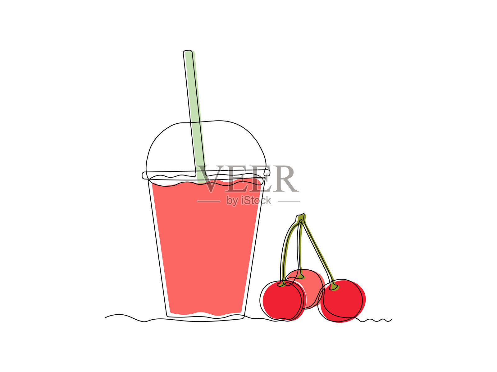 抽象樱桃汁玻璃杯,带盖和吸管,连续单线艺术手绘草图标志插画图片素材