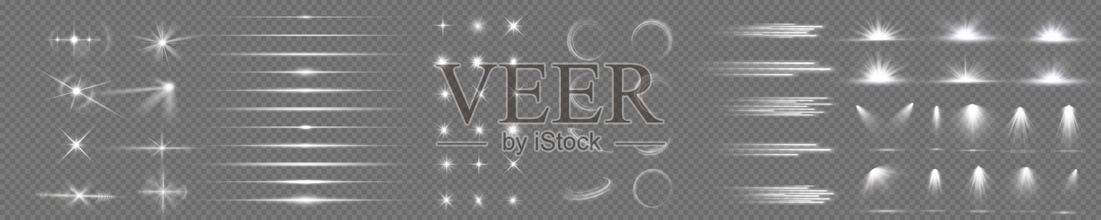 光效套件。发光的白色透明光效套件,镜头光晕,爆炸,闪光,尘埃,线条,阳光闪烁,火花和星星,聚光灯,曲线旋转。阳光,抽象特效。插画图片素材