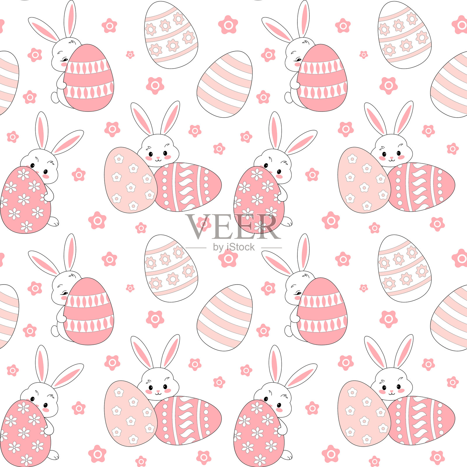 无缝矢量图案,包含复活节兔子和装饰性的复活节彩蛋插画图片素材
