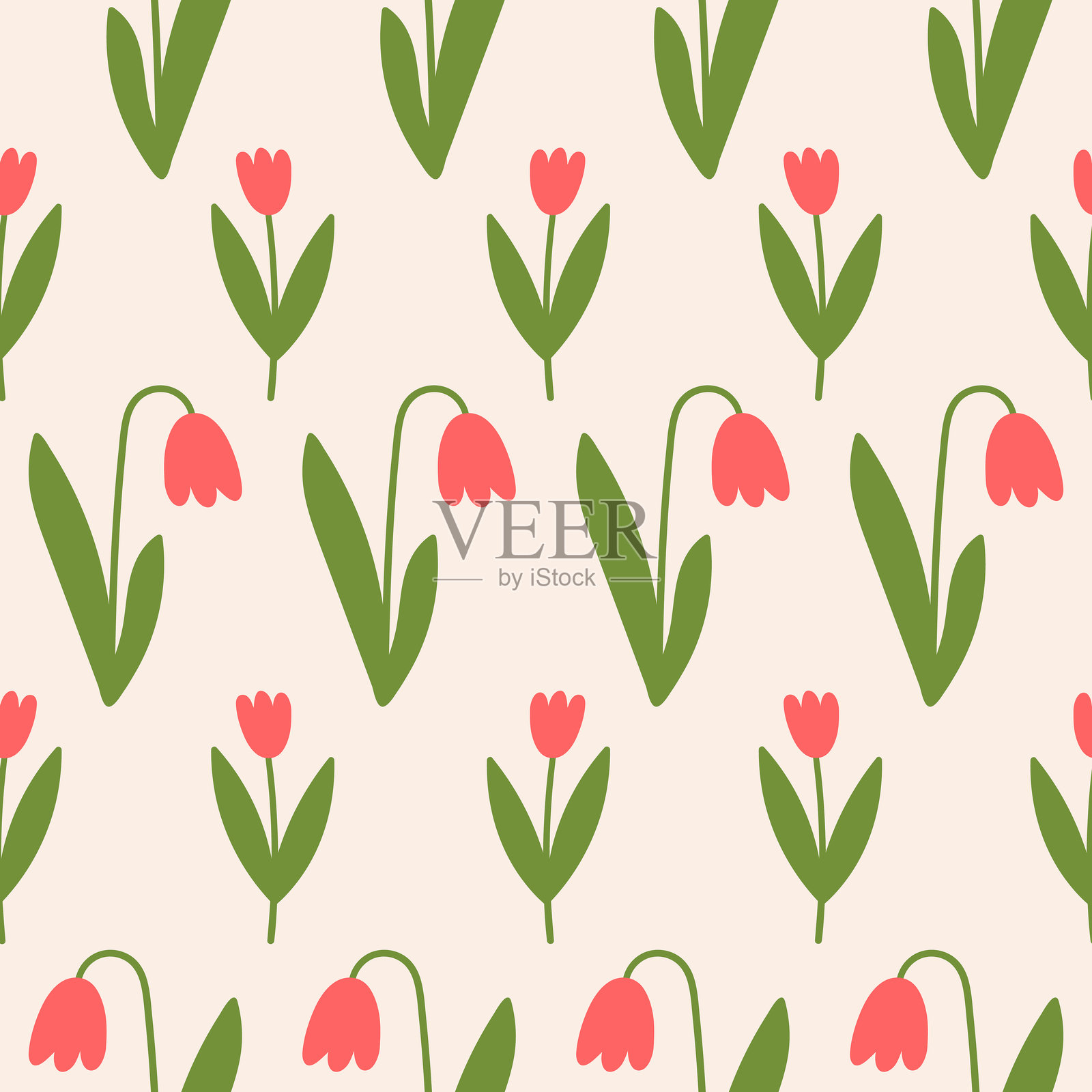 米色背景上的随机郁金香花卉无缝图案插画图片素材
