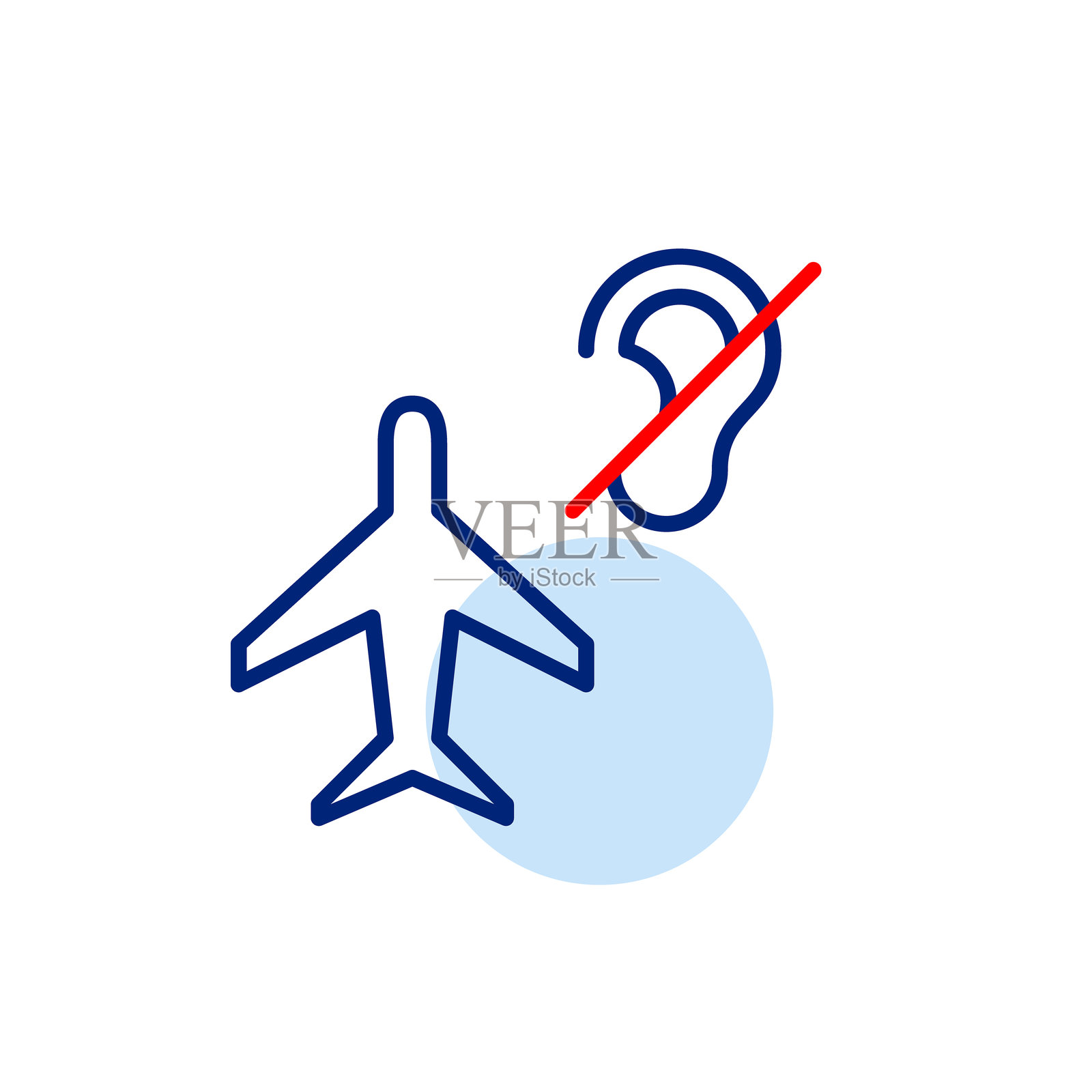 飞机与耳朵交叉。安静的航班,没有机上广播。听障人士的旅行无障碍。像素完美,可编辑的线条图标。插画图片素材