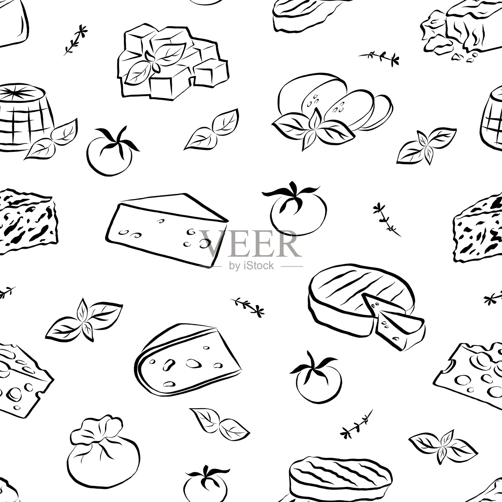 无缝图案,手绘各种类型的奶酪、番茄、罗勒和百里香。适用于印刷、菜单、餐厅和包装的背景。插画图片素材
