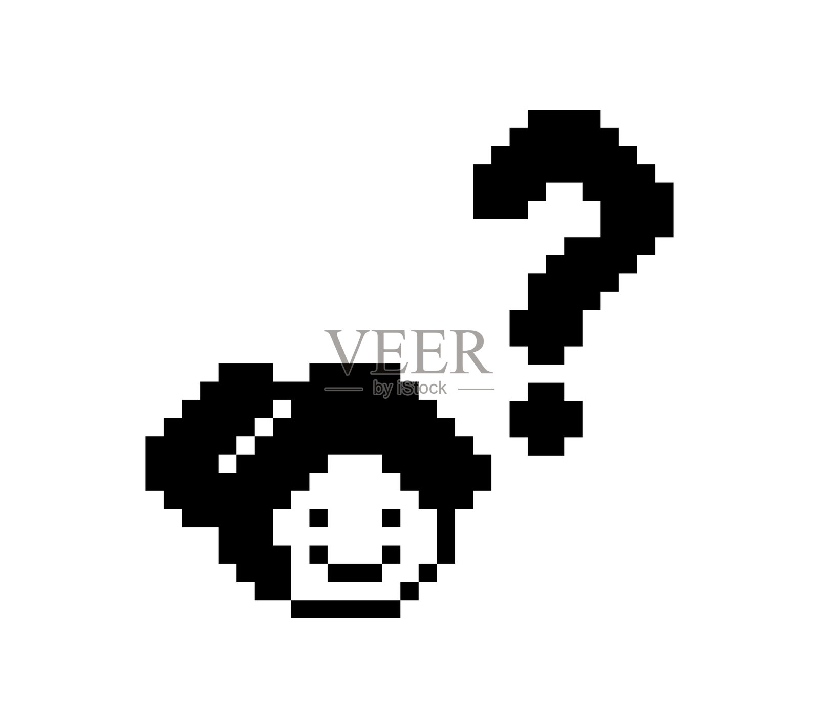 可爱的像素卡通女性角色,带有问号装饰,8位女性女孩,困惑的想法,问号思考,问卷选择,卡通像素游戏,8位矢量图。插画图片素材