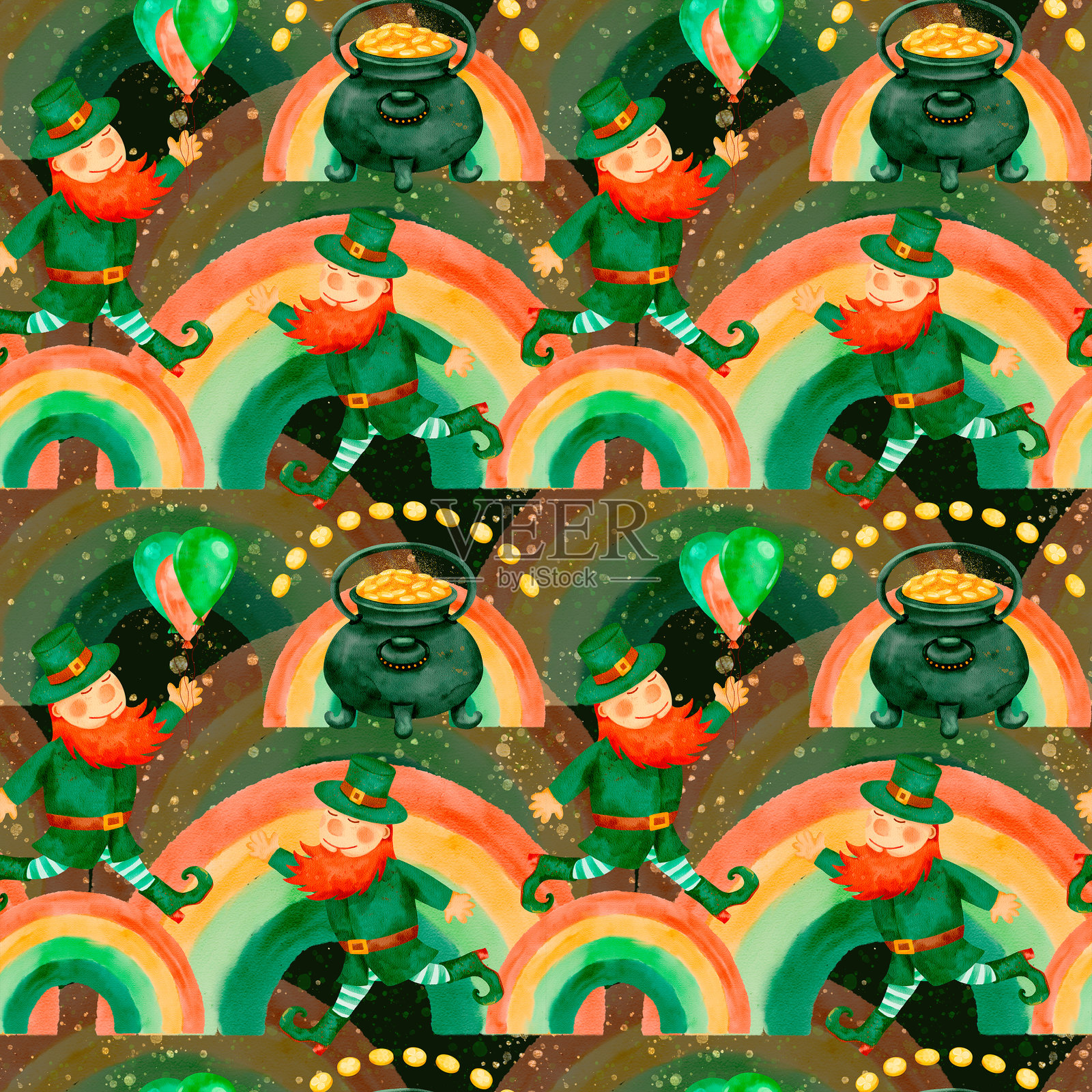 这是一个充满幻想的小精灵图案,特色是鲜艳的彩虹和一锅金子。插画图片素材