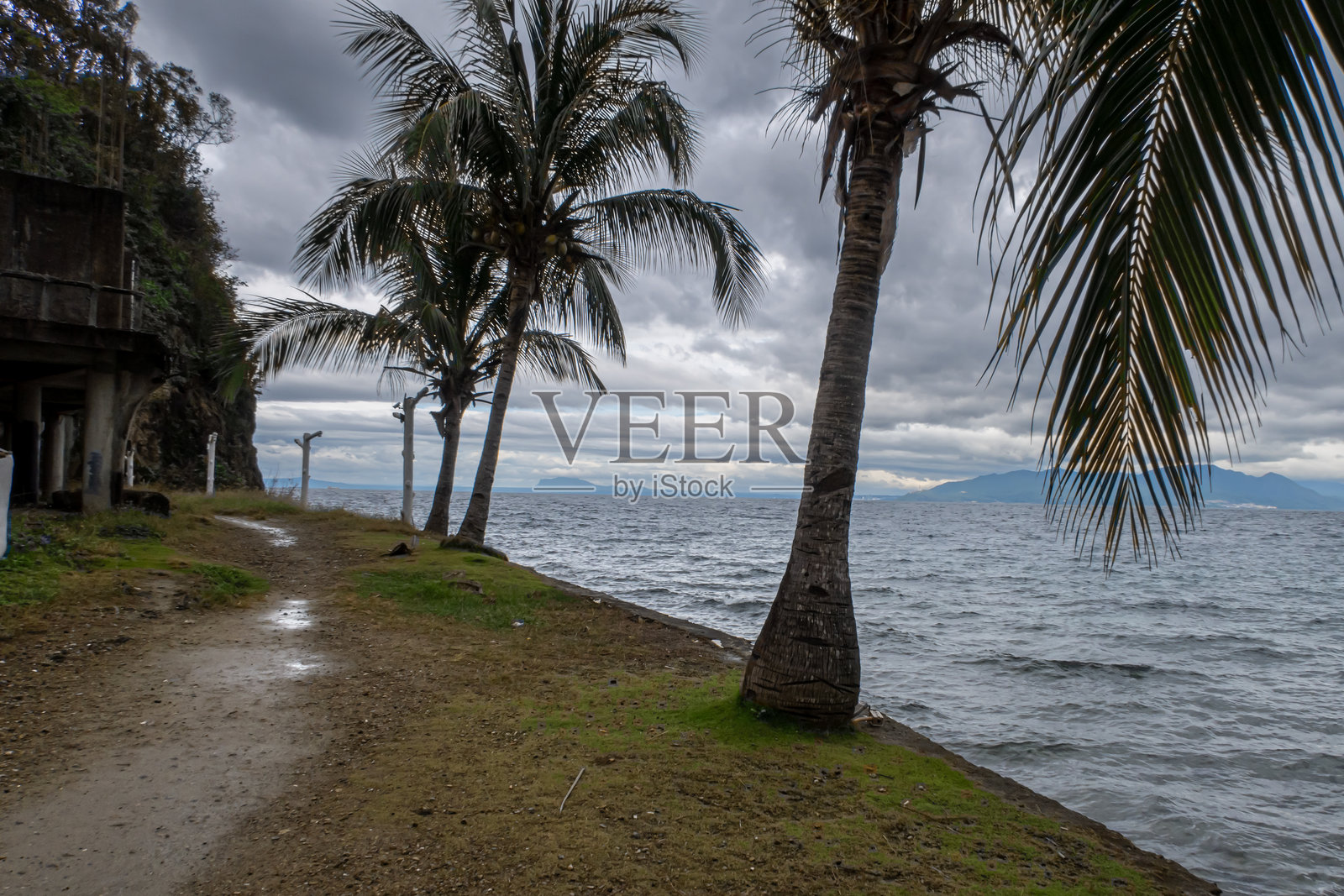 热带海岸线的景色,雨天。背景中有棕榈树、阴暗的天空和海洋。照片摄影图片
