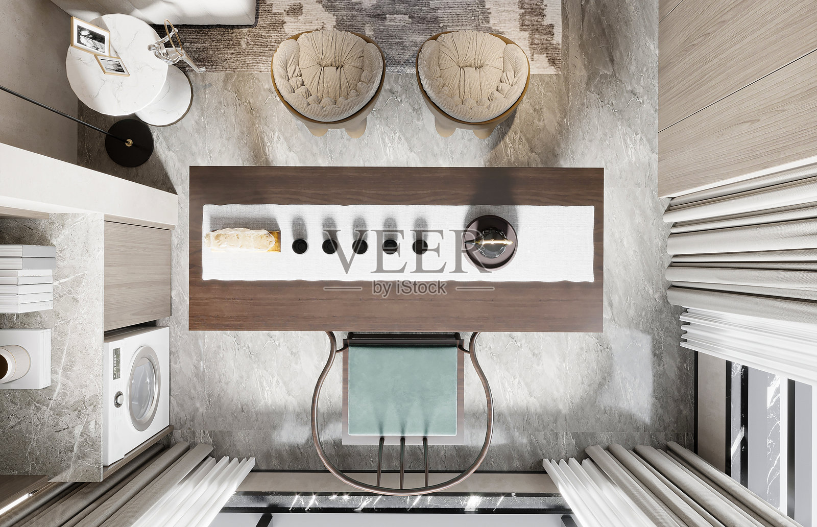 现代餐厅的俯视图,配有简约的桌面布置和大理石地板照片摄影图片