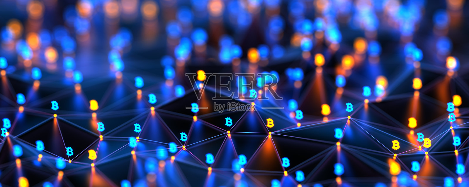 未来数字节点背景,带有比特币标志。区块链连接技术和数字网络。连接点。安全货币概念。照片摄影图片