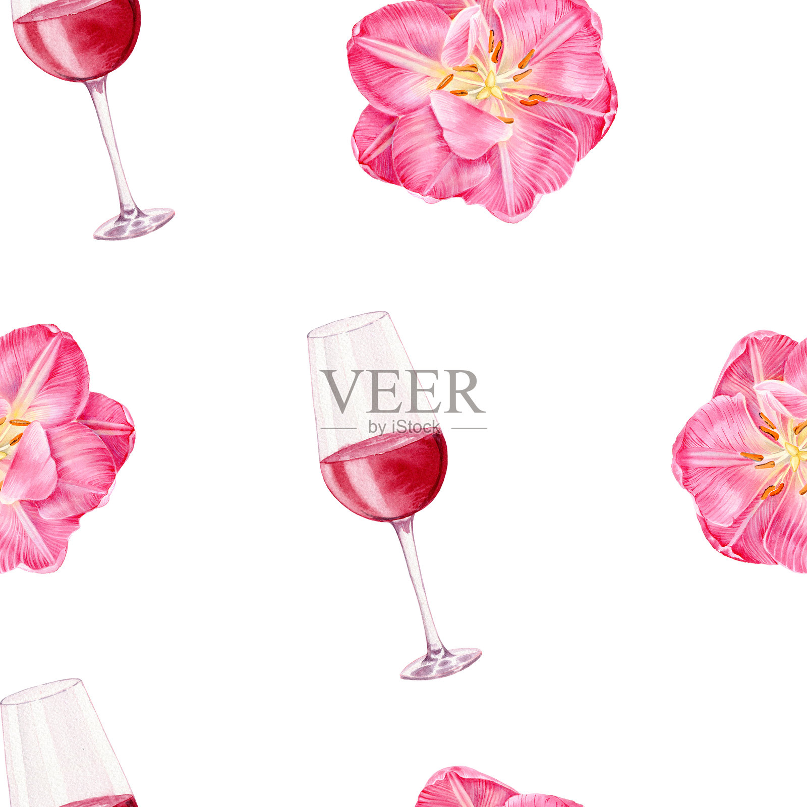 红酒杯与粉色郁金香。几何装饰。手绘水彩。适用于包装纸、壁纸和包装的精美无缝图案。插画图片素材