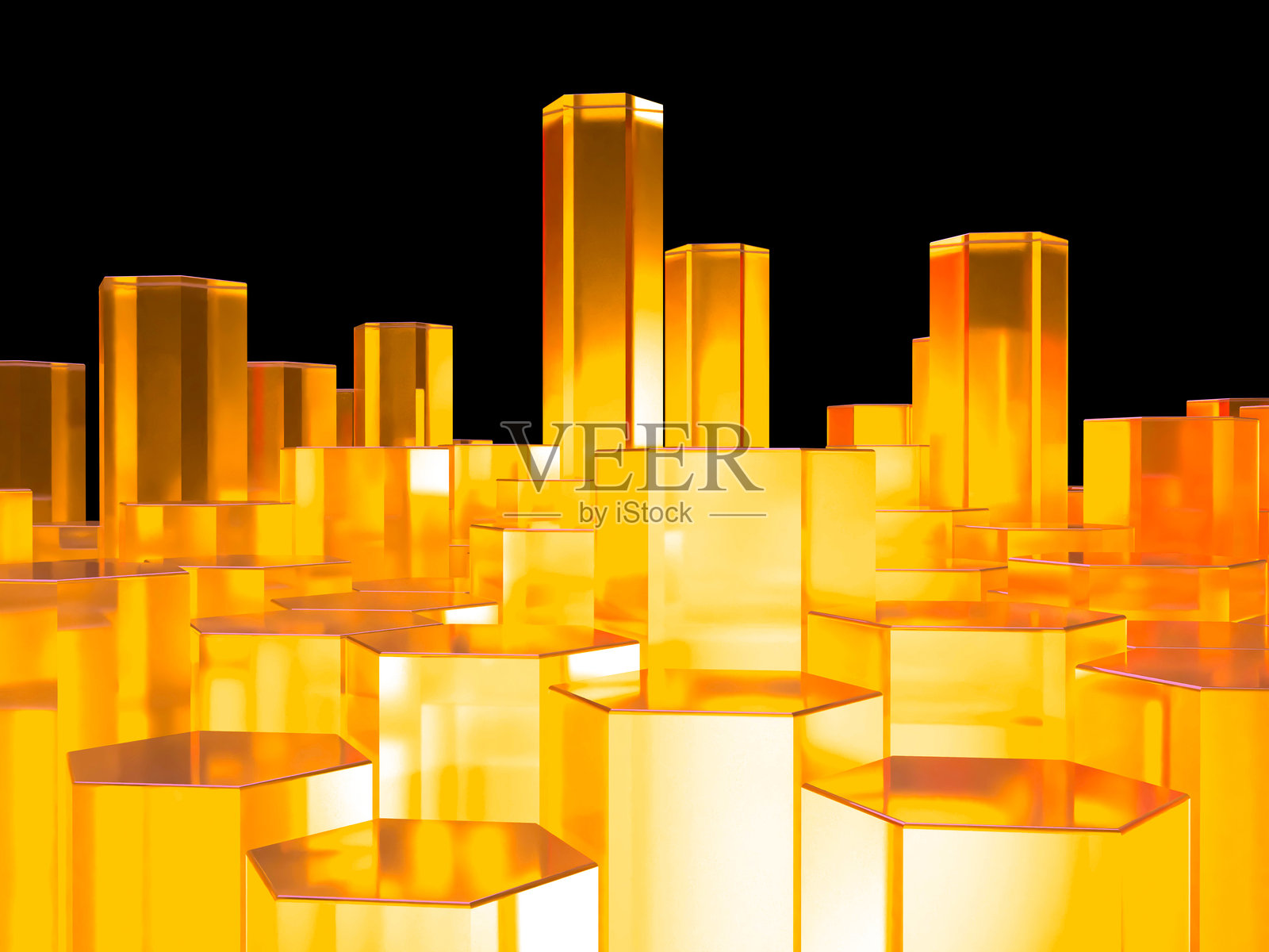 由六角柱体构成的几何空间的3D插图照片摄影图片