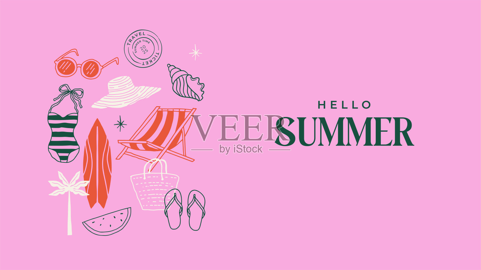 夏季背景、图案、卡片、横幅模板。手绘现代插图,包含海贝、冲浪板、沙滩椅、泳衣和人字拖元素的涂鸦。插画图片素材