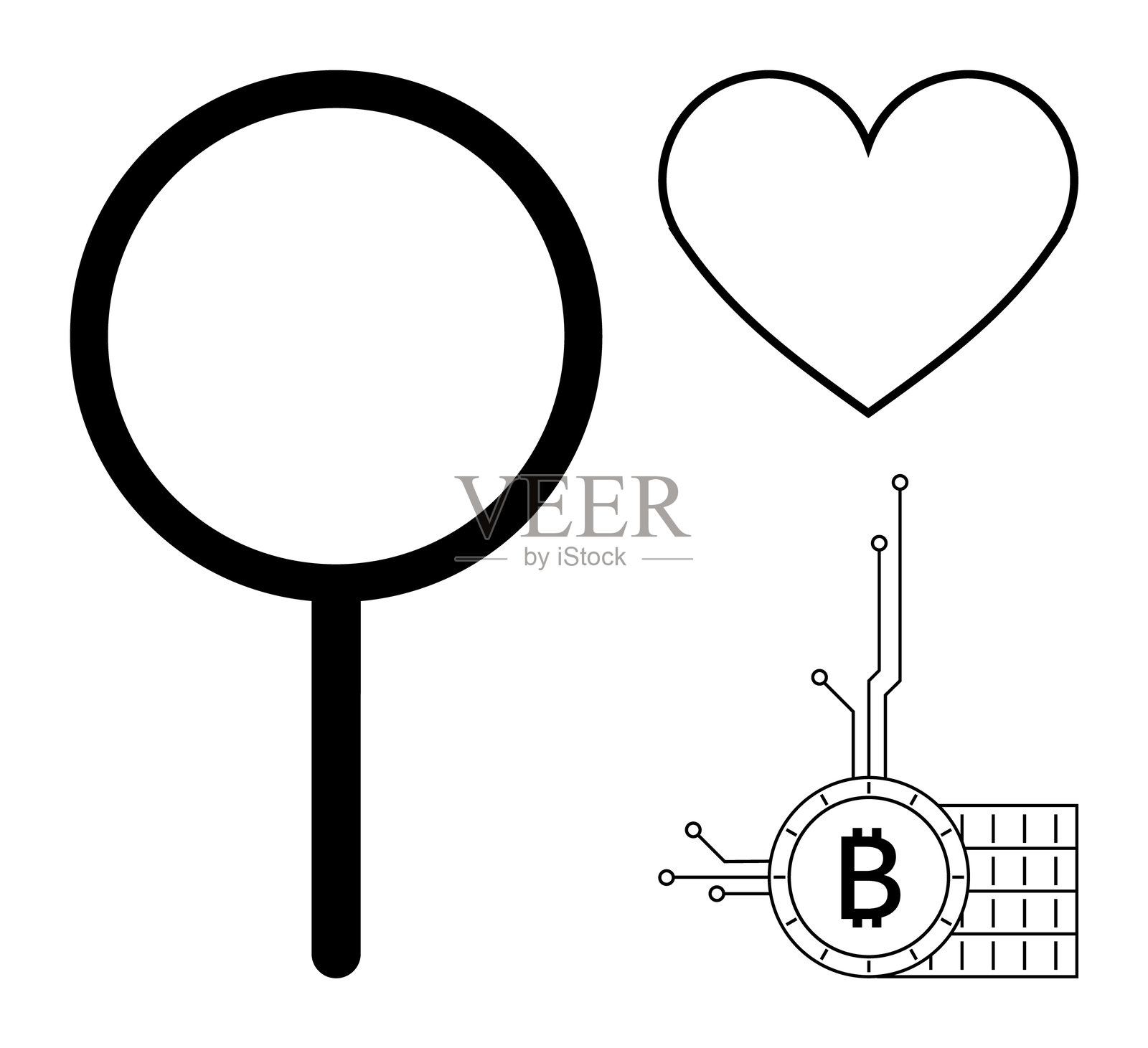 放大镜心形图标与带芯片的比特币符号插画图片素材