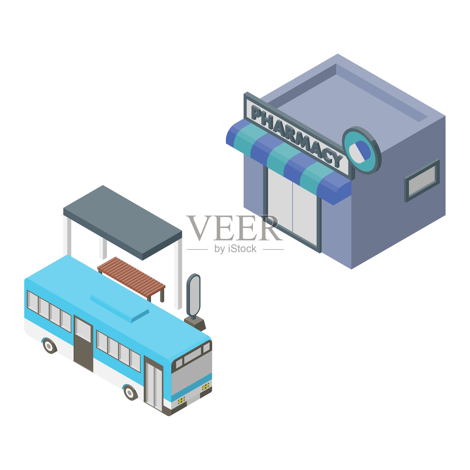 等距彩色插图,描绘了一个公交车和一个药店在公交车站。没有主线,左侧表面方法。插画图片素材