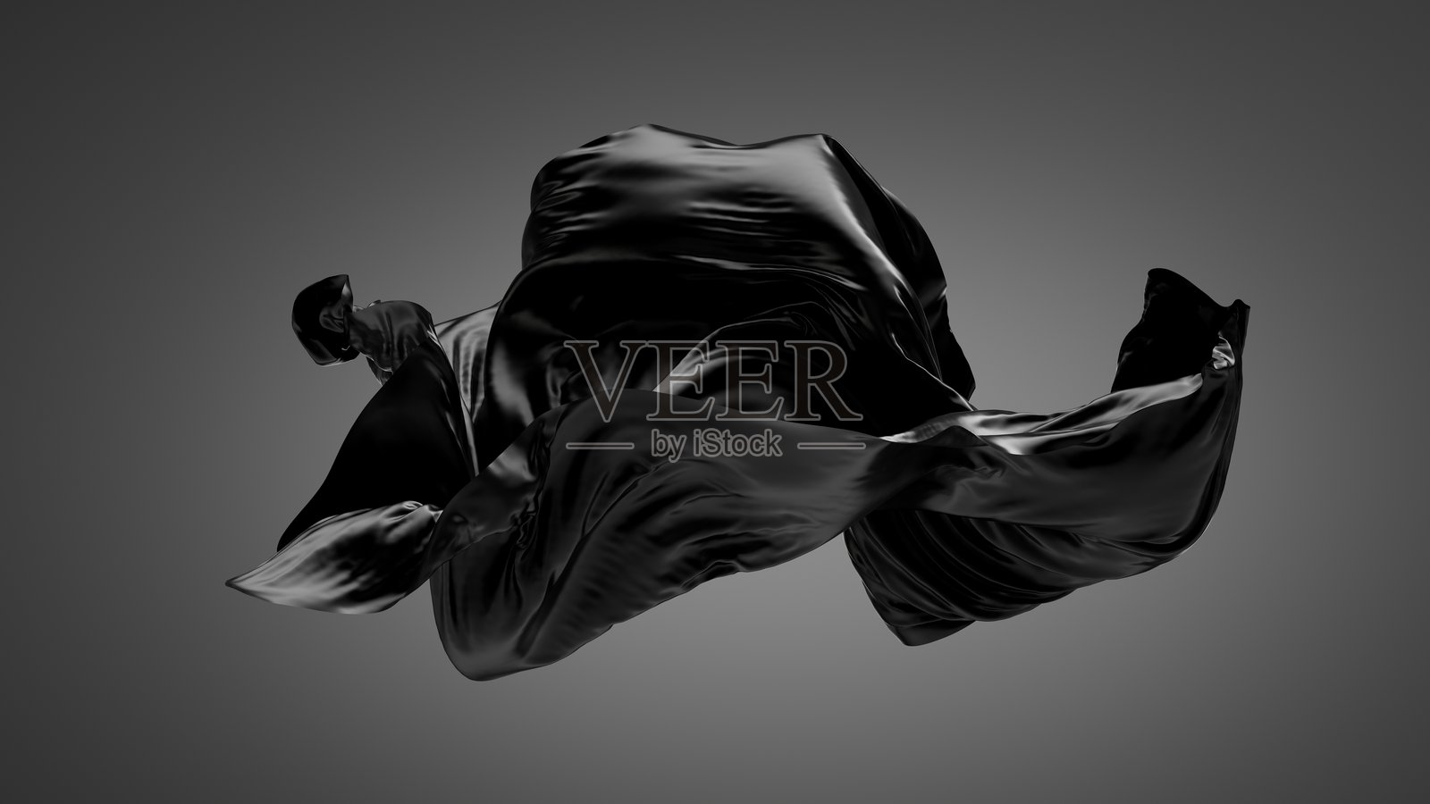 3D渲染。黑色纺织布料在黑暗中悬浮,受到戏剧性光线的照射。布料被风吹动。照片摄影图片